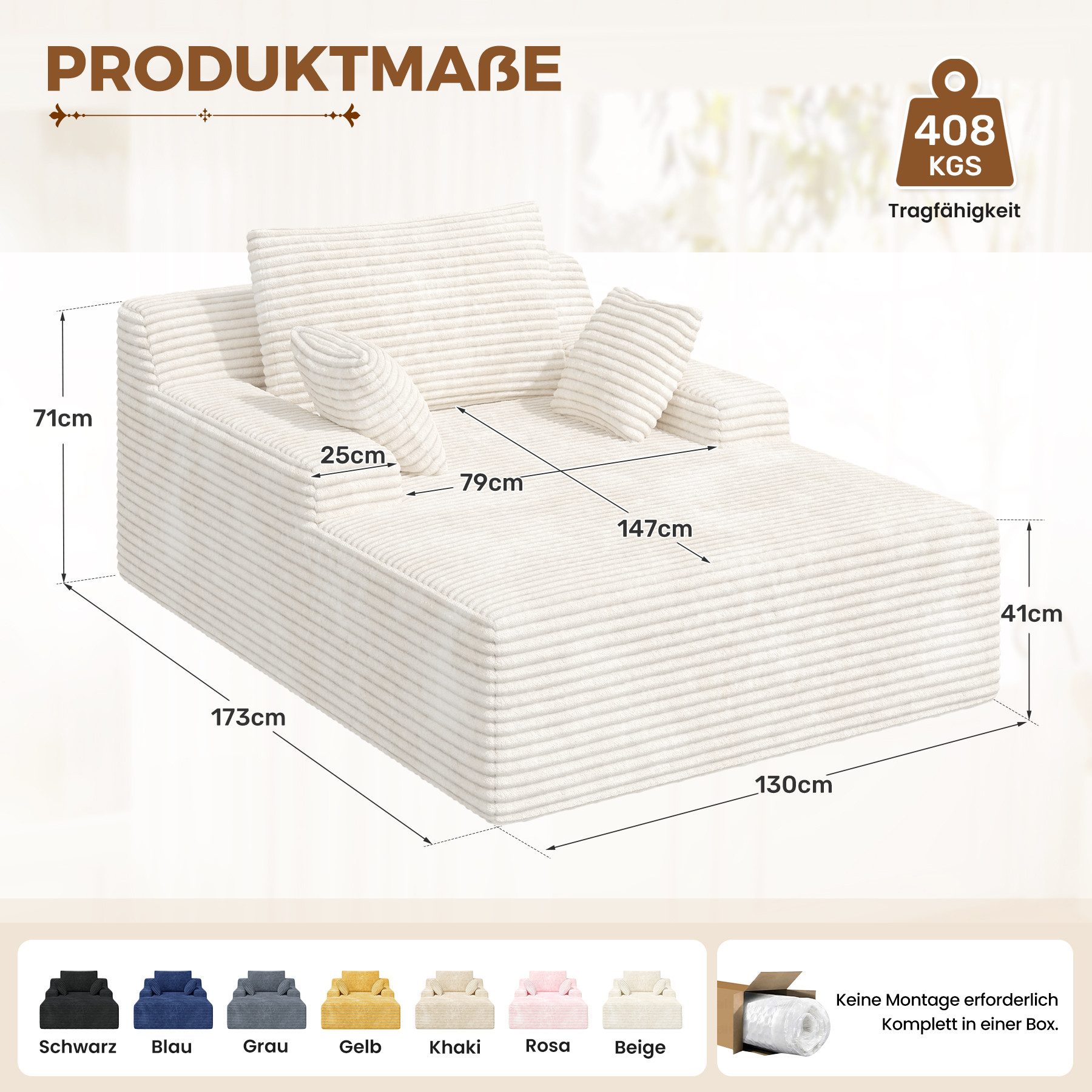 Aivermeil Sofa Multifunktionales All-in-One-Sofa, Modulares Chaiselongue Sofa, 1 Teile, modernes Schlafsofa, 172x129x40cm Relaxliege mit 2 Kissen