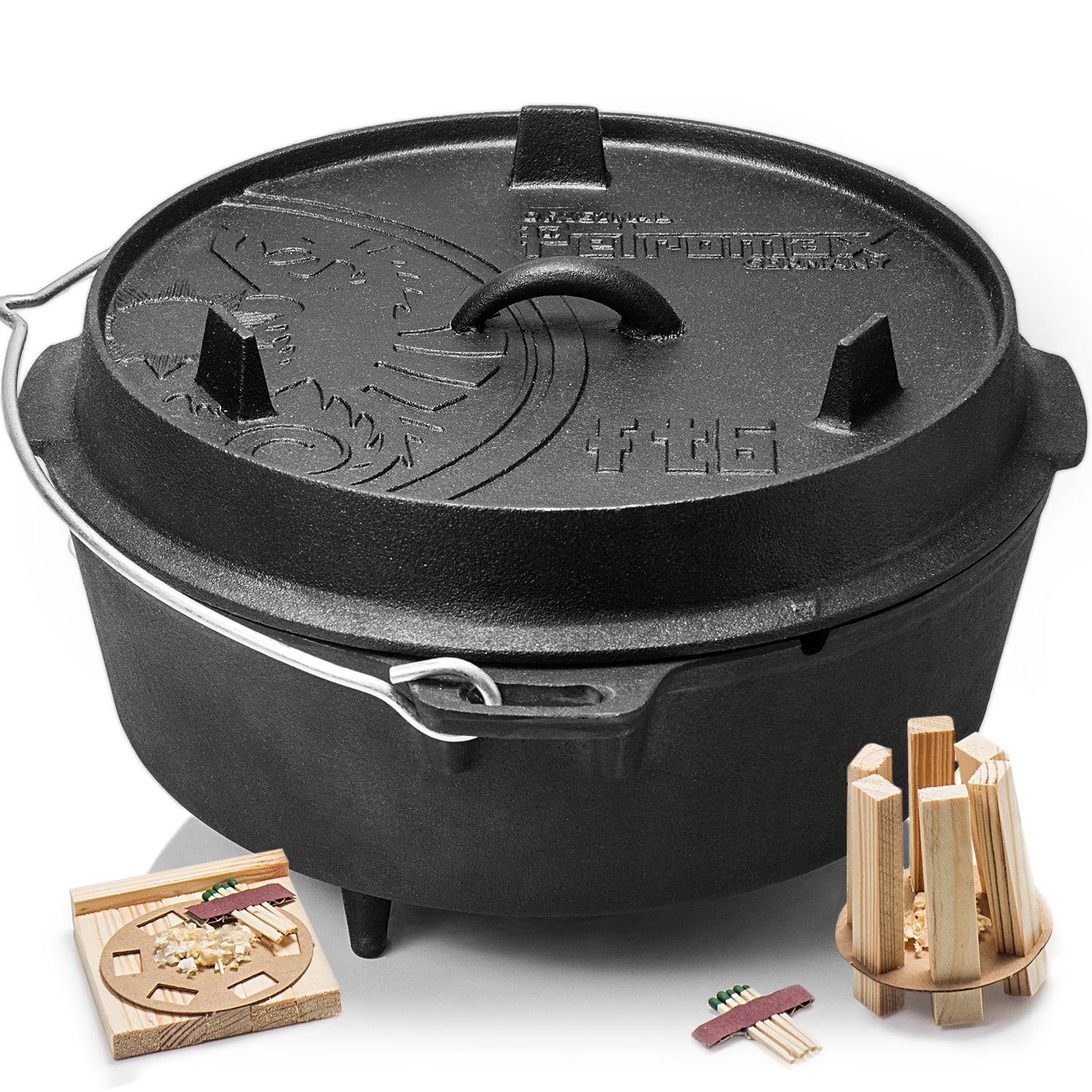 Petromax Schmortopf Feuertopf ft6 mit Deckel mit Füßen Dutch Oven, Gusseisen (Spar-Set, 3-tlg., für 4-8 Personen geeignet), Deckel mit Henkel, als Pfanne nutzbar, Topf induktionsfähig
