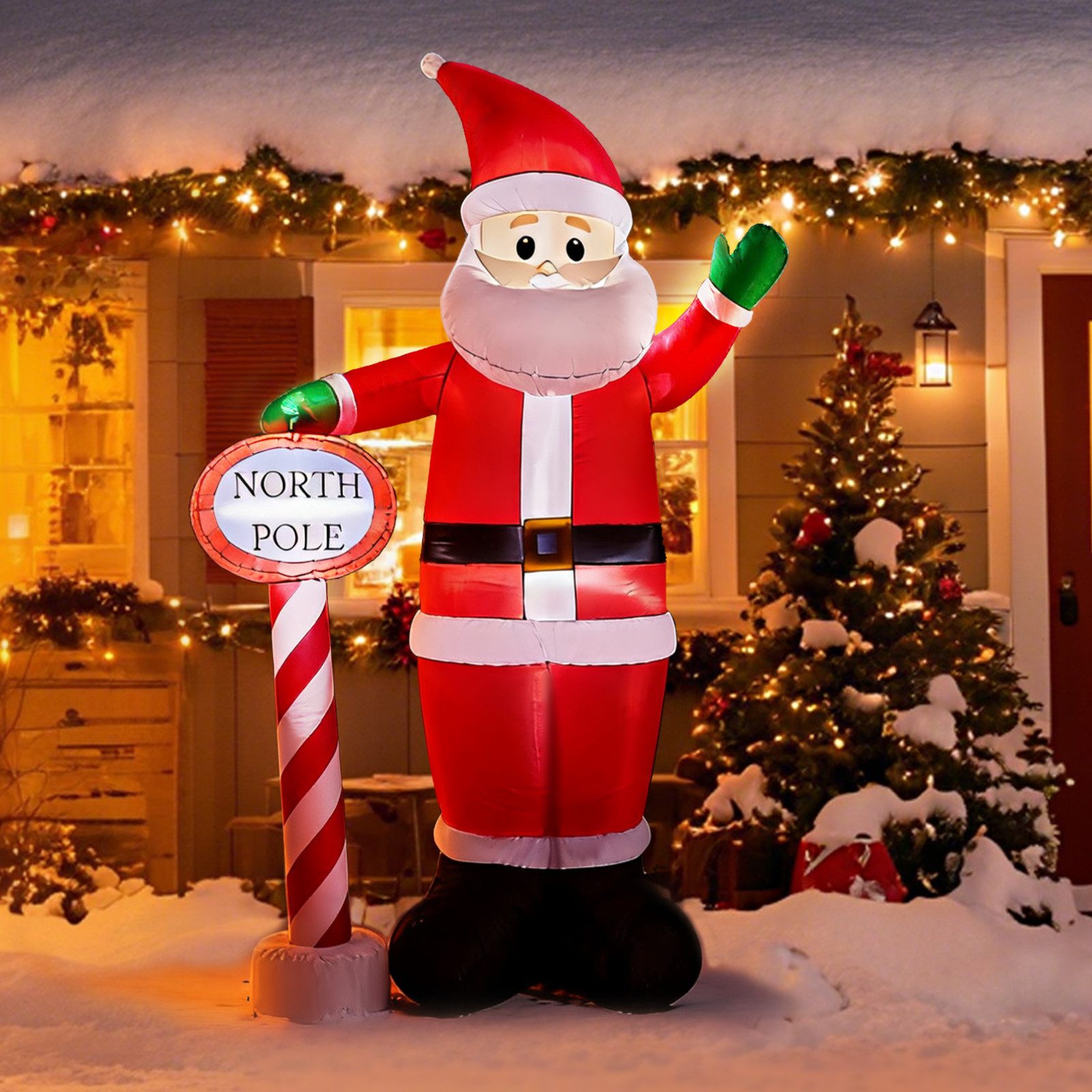 VINGLI Weihnachtsfigur Wetterfest, Weihnachtsdeko Aufblasbar für Innen & Außen, Weihnachtsmann mit Nordpol-Schild, 3 LED, 210D Polyester, 250 cm