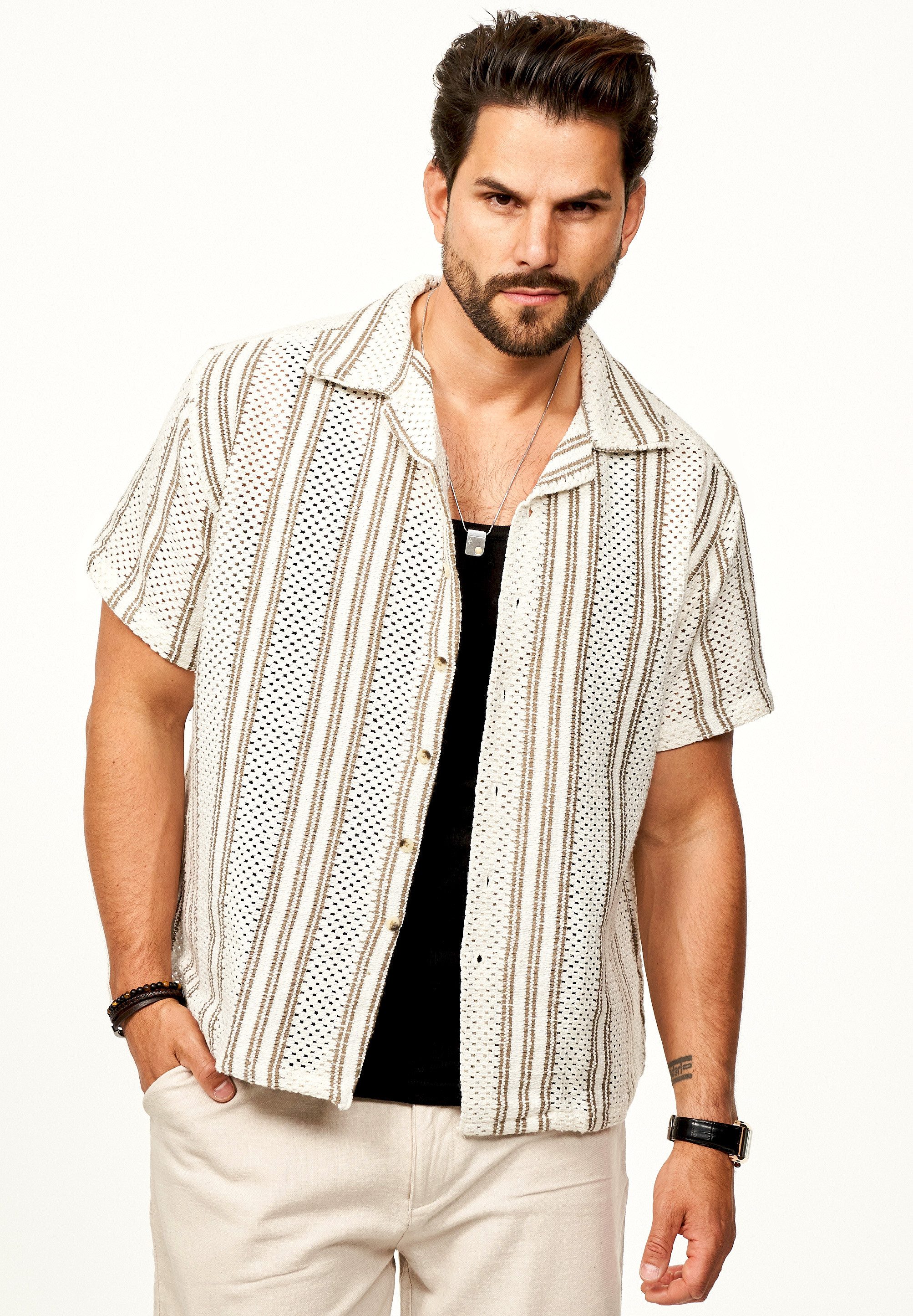 SOULSTAR Kurzarmhemd für Herren Strick Polo Hemd im Retro-Look Overshirt im Regular-Fit Freizeithemd T-Shirt