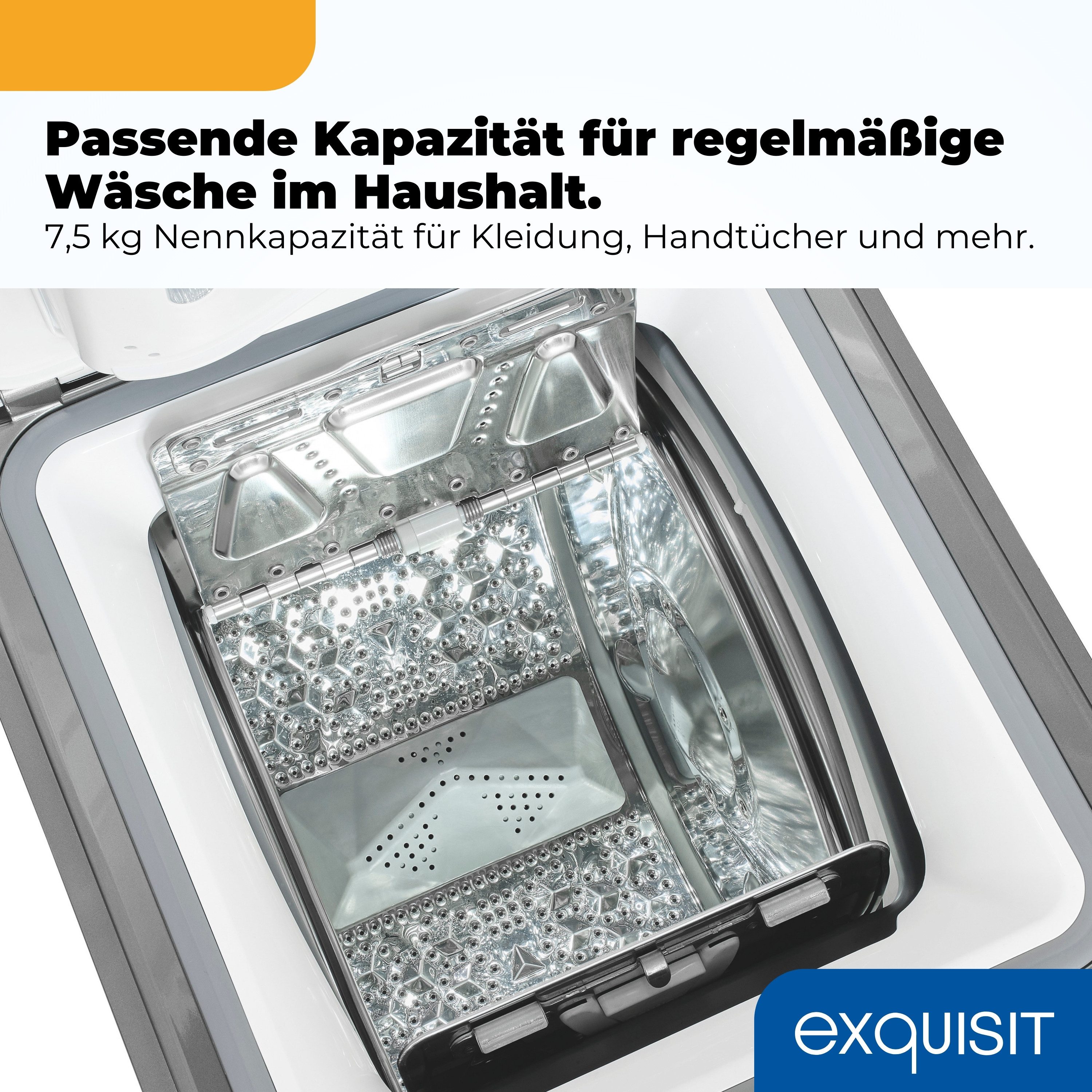 exquisit Waschmaschine Toplader LTO51207-030A, 7,5 kg, 1200 U/min, 7,5 kg, Startzeitvorwahl, Aquastop, Schmal, 15 Programme, Toplader – Bild 5 von 5
