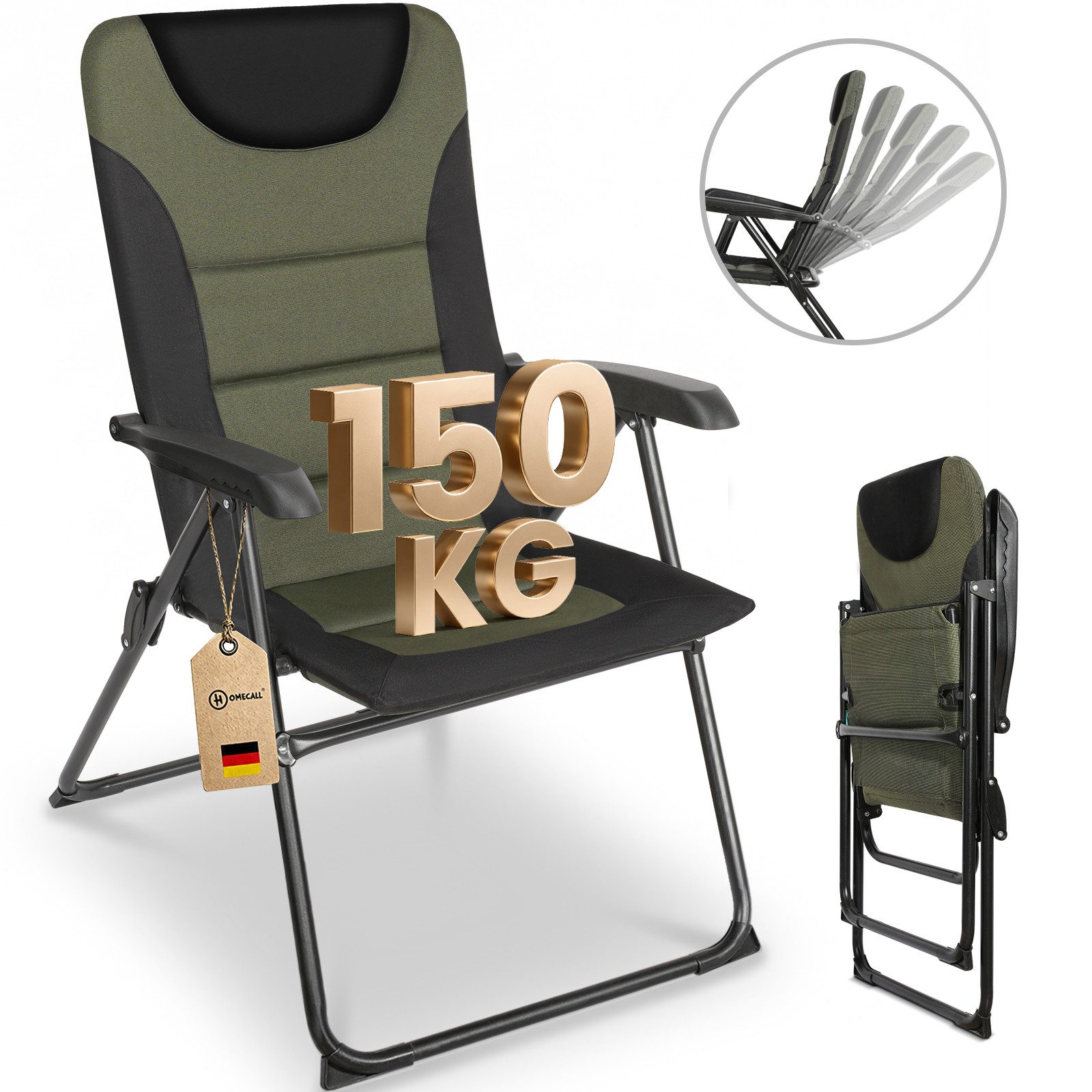 HOMECALL Campingstuhl Gartenstuhl Gepolsterter Klappstuhl für Wohnwagen Outdoors-150kg (1 St), Hochlehner Anglerstuhl mit 5-fach verstellbarer Rückenlehne