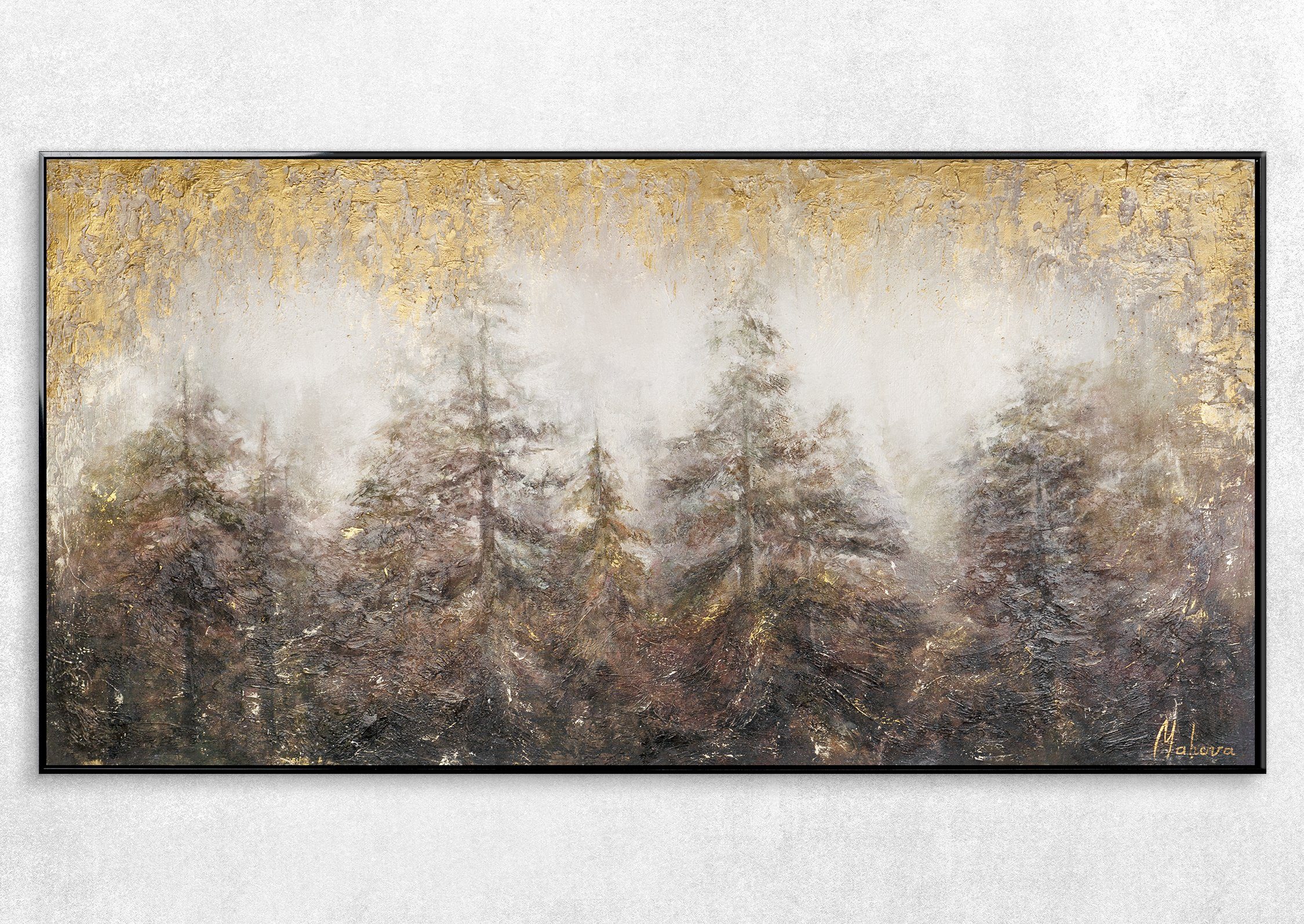 YS-Art Gemälde Morgen's im Leinwand Wald, Wald Schwarz Handgemalt in Rahmen Mit Baum Tannen Bild Landschaft