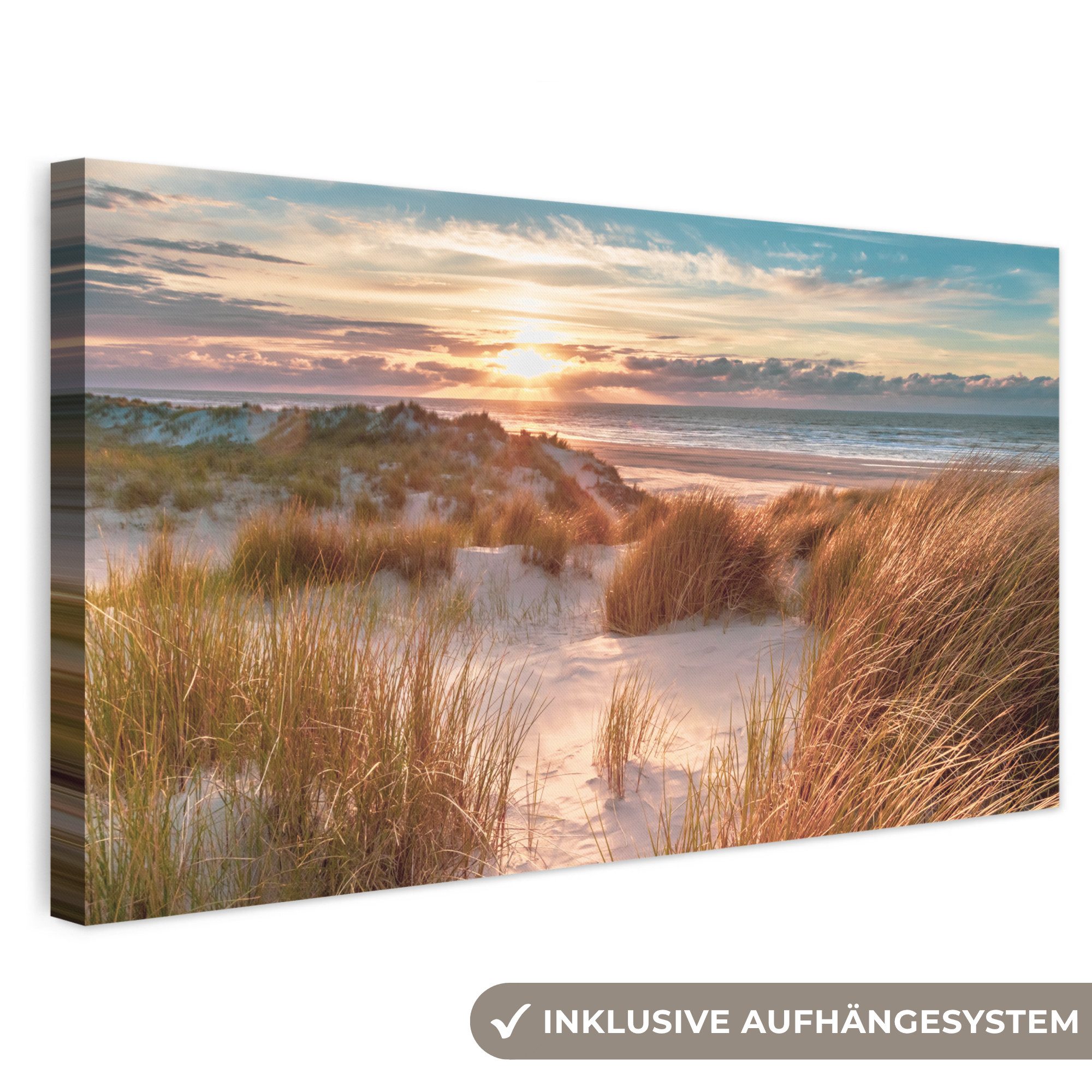 OneMillionCanvasses® Leinwandbild Panorama Düne - Pflanzen - Sonnenuntergang - Strand - Meer, Fotodruck (1 St), Wandbild, Deko Schlafzimmer Wohnzimmer Flur 40x20 cm
