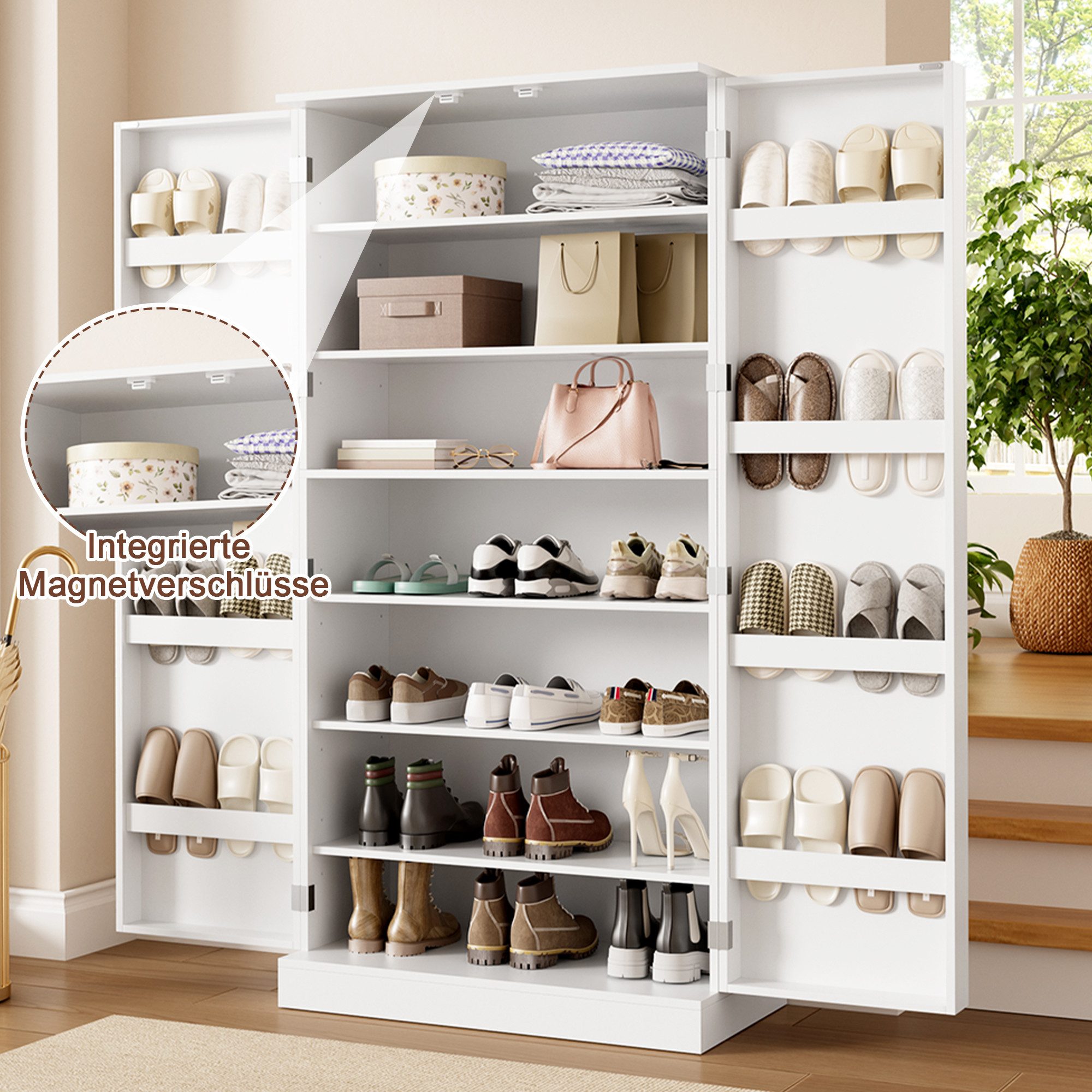 i@home Schuhschrank mit Türen und Ablagefächern (hoher moderner Flurschrank, 80x40x160 cm) Großer Schuhschrank mit viel Stauraum für Diele & Flur Weiß – Bild 4 von 5