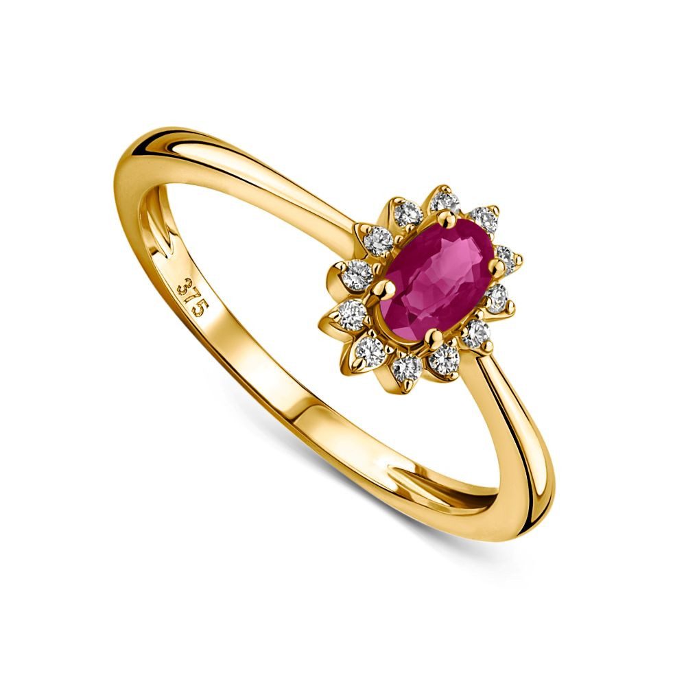 Miore Goldring MAE9027R - 9K (375) Gelbgold - 1 Rubin 0,31 ct & 12 Diamanten 0,07 ct, Damen Cluster Ring in Echtgold