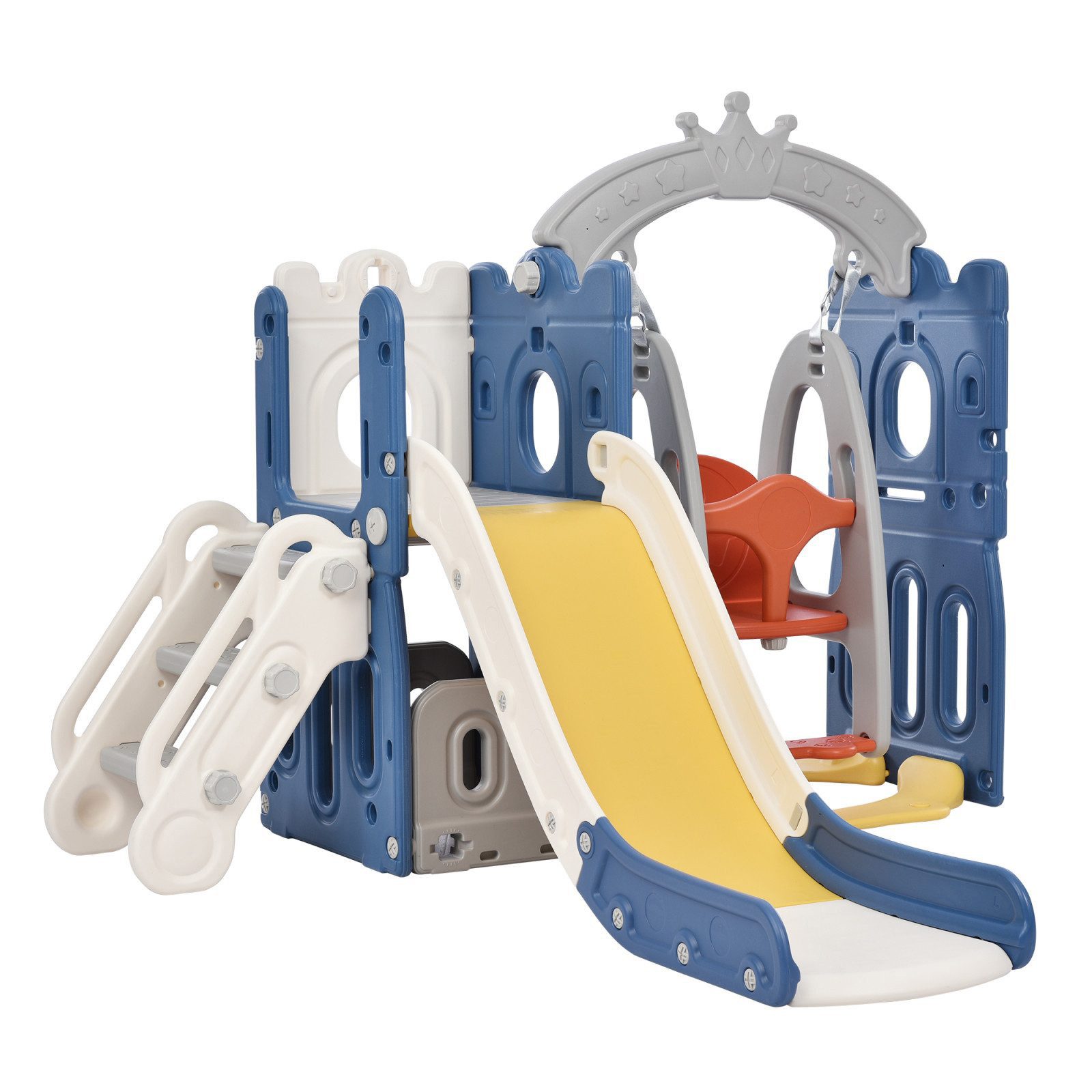 SEEZSSA Indoor-Rutsche Slide Kletterspielzeug 5 in 1 Kinderrutsche Gartenrutsche für Kinder, Klettern Stauraum Basketballrahmen Schaukel Kinder Spielplatz