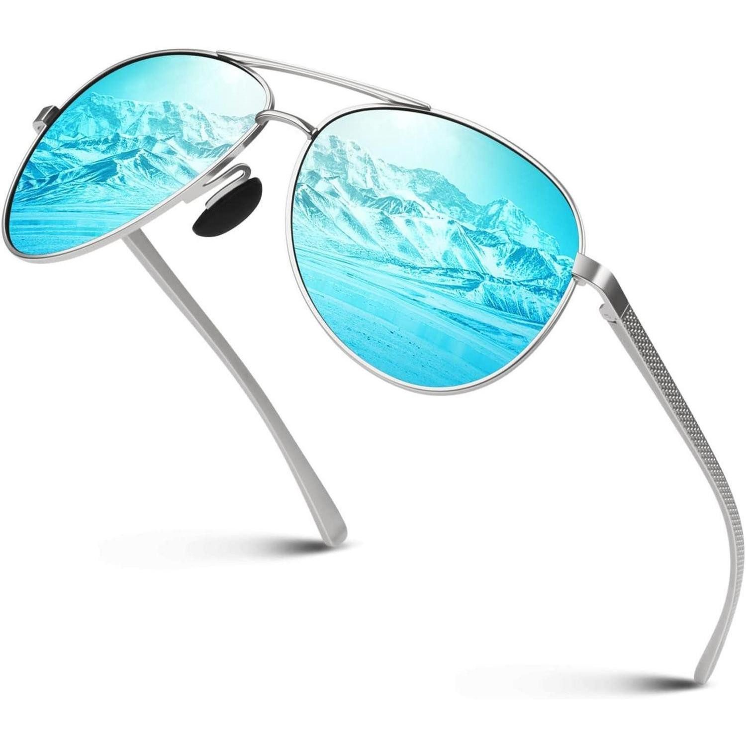 Pilotenbrille Sonnenbrille Herren polarisiert UV400 Metall Pilotenbrille Silber Blau