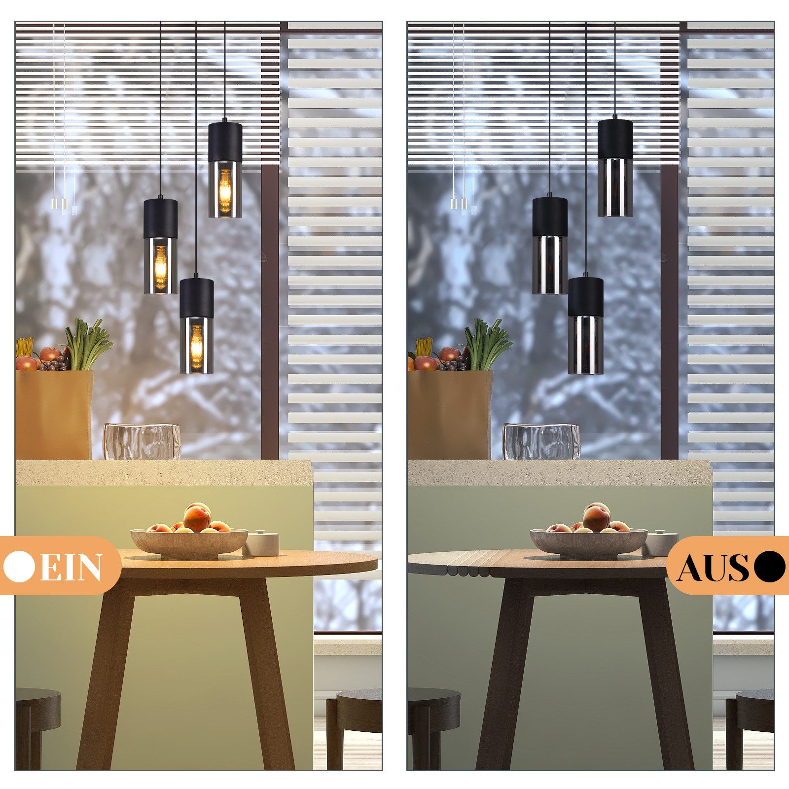 ZMH Pendelleuchte Esszimmer 3/4 Flammig Schwarz E27 Fassung Pendellampe für Küche Flur, DIY-Beleuchtung, ohne Leuchtmittel, Verstellbare Hängeleuchte Lampenschirm Glas Schlafzimmer