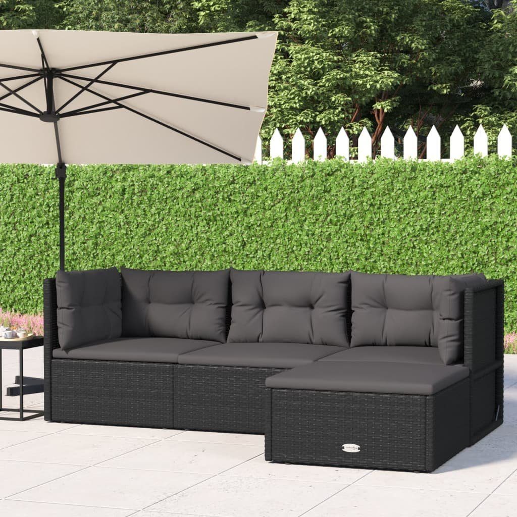 vidaXL Gartenlounge-Set 4-tlg. Garten-Lounge-Set mit Kissen Schwarz Poly Rattan, (1-tlg)