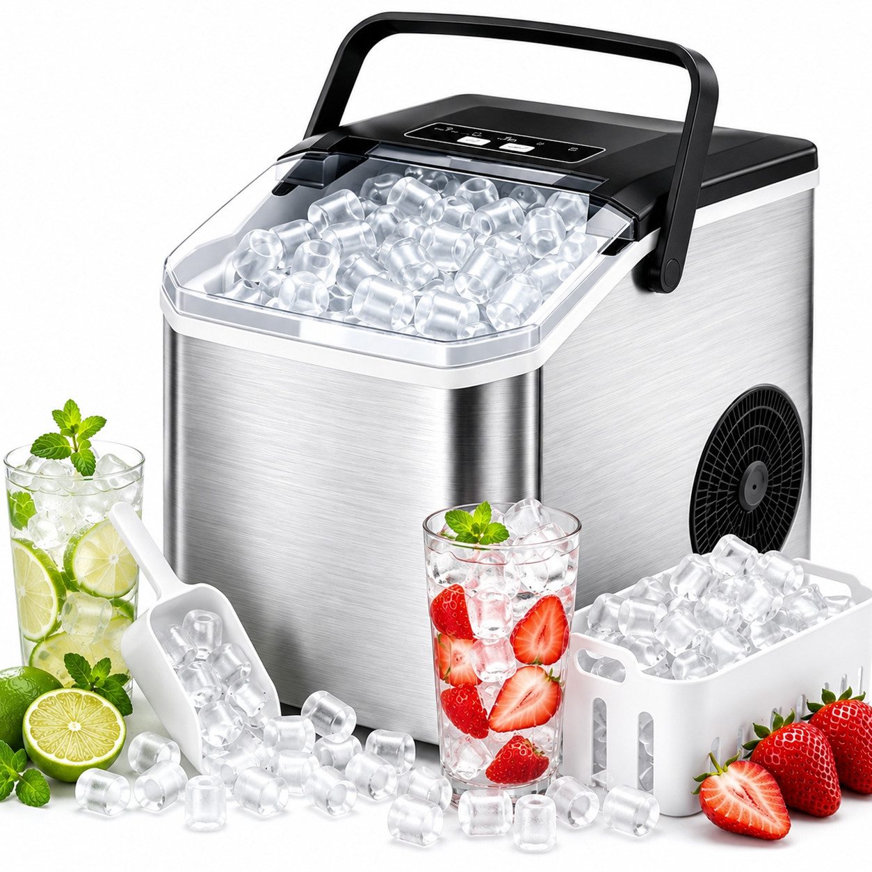 Pdgrid Eiswürfelmaschine Edelstahl ice maker Eiswürfel in 6 Minuten geräuscharm, mit Selbstreinigung ;2 Größen/15 kg/24 H;LED-Anzeige;für Küche,Büro