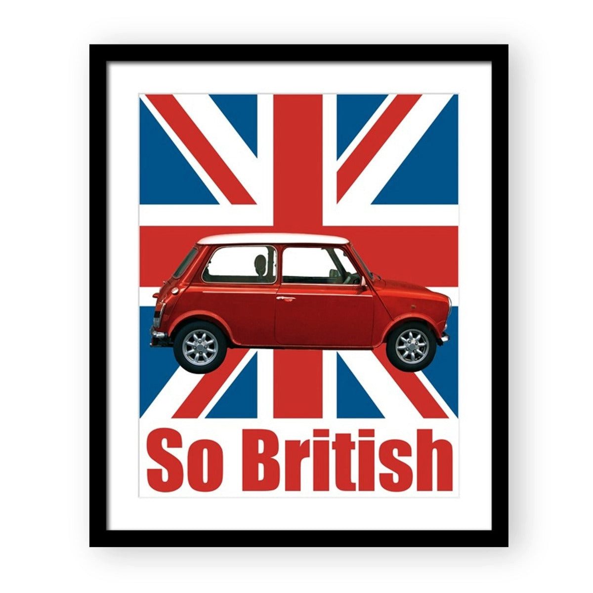 colourliving Wandbild colourliving Gerahmtes Autobild So British Mini Cooper 50 x 60 cm, Mini Cooper vor dem Union Jack (1 St), Reliefschrift, Passepartout und Kunststoffscheibe
