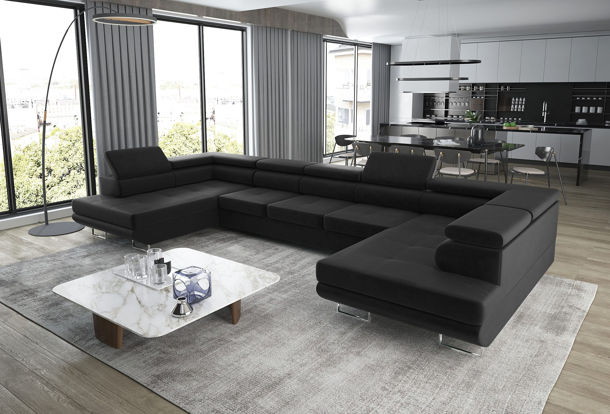 thematys Ecksofa Aston U 403 x 203cm mit Schlaffunktion & Bettkasten –, U-Sofa mit verstellbaren Kopfstützen, Samt (Monolotith), oder Cord (Poso), - U-Form, XL-Wohnlandschaft, 390 cm breit