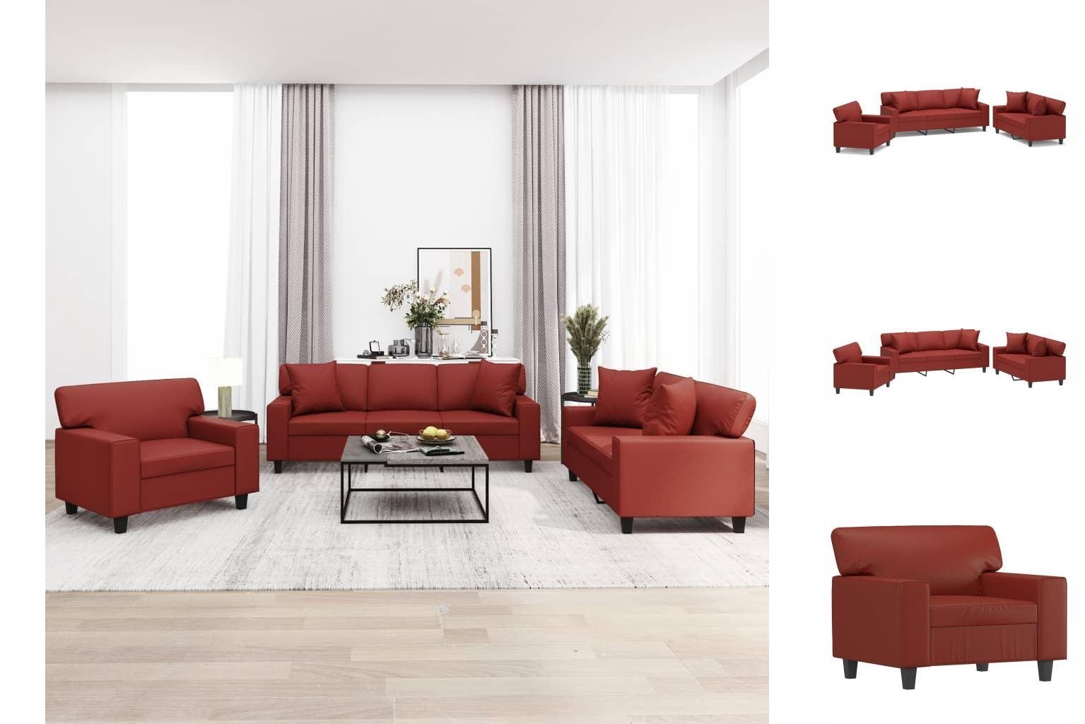 vidaXL Sofa »3-tlg Sofagarnitur mit Kissen Weinrot Kunstleder Couchgarnitur  Couch Sofa Set«