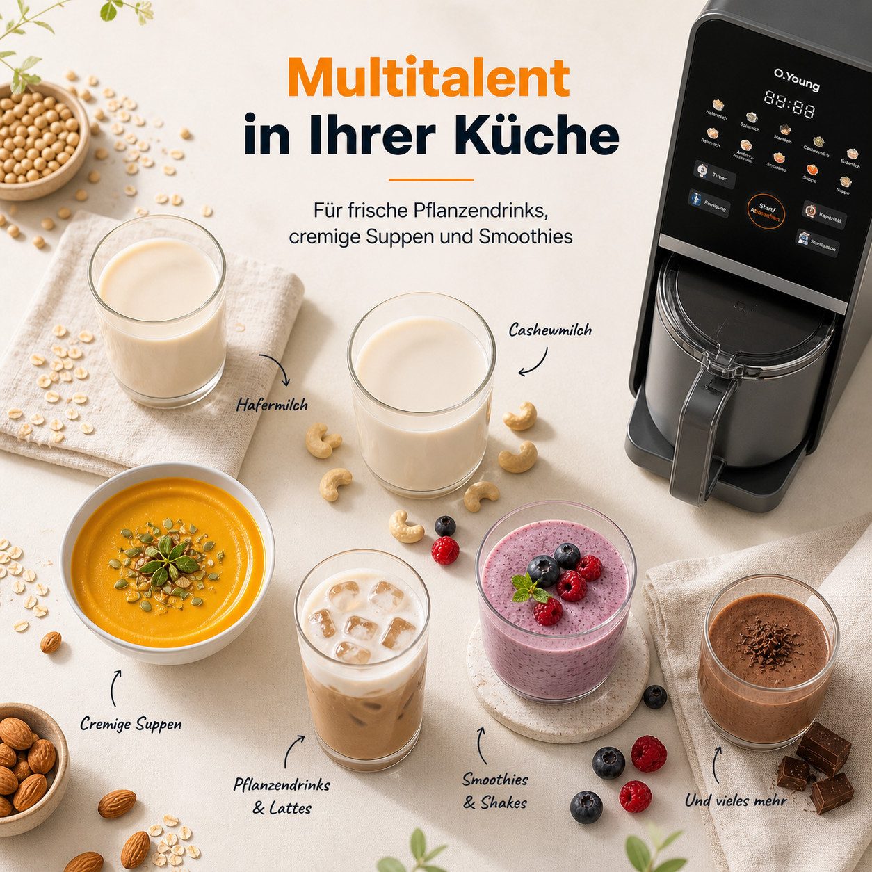 O.Young Stabmixer O.Young Pflanzenmilch-Maker Selbstreinigend Standmixer Veganmilch, 1200 W – Bild 5 von 5