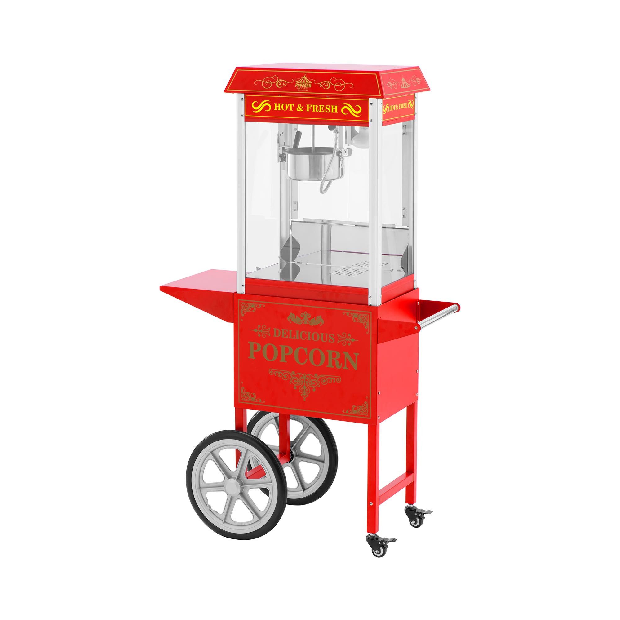 Royal Catering Popcornmaschine Popcornmaker mit Wagen 1500 W 5 kg/h rot Popcornautomat Teflon