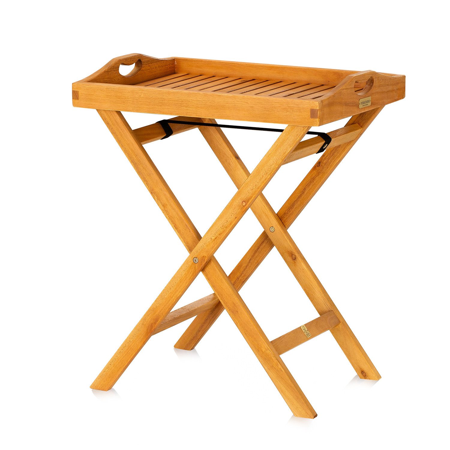 KHG Tabletttisch Serviertablett mit Griffen, klappbar, bis 75 kg belastbar (Outdoor-Tablett mit Ständer), aus Eukalyptus-Holz, zum Schutz geölt, FSC-Zertifiziert