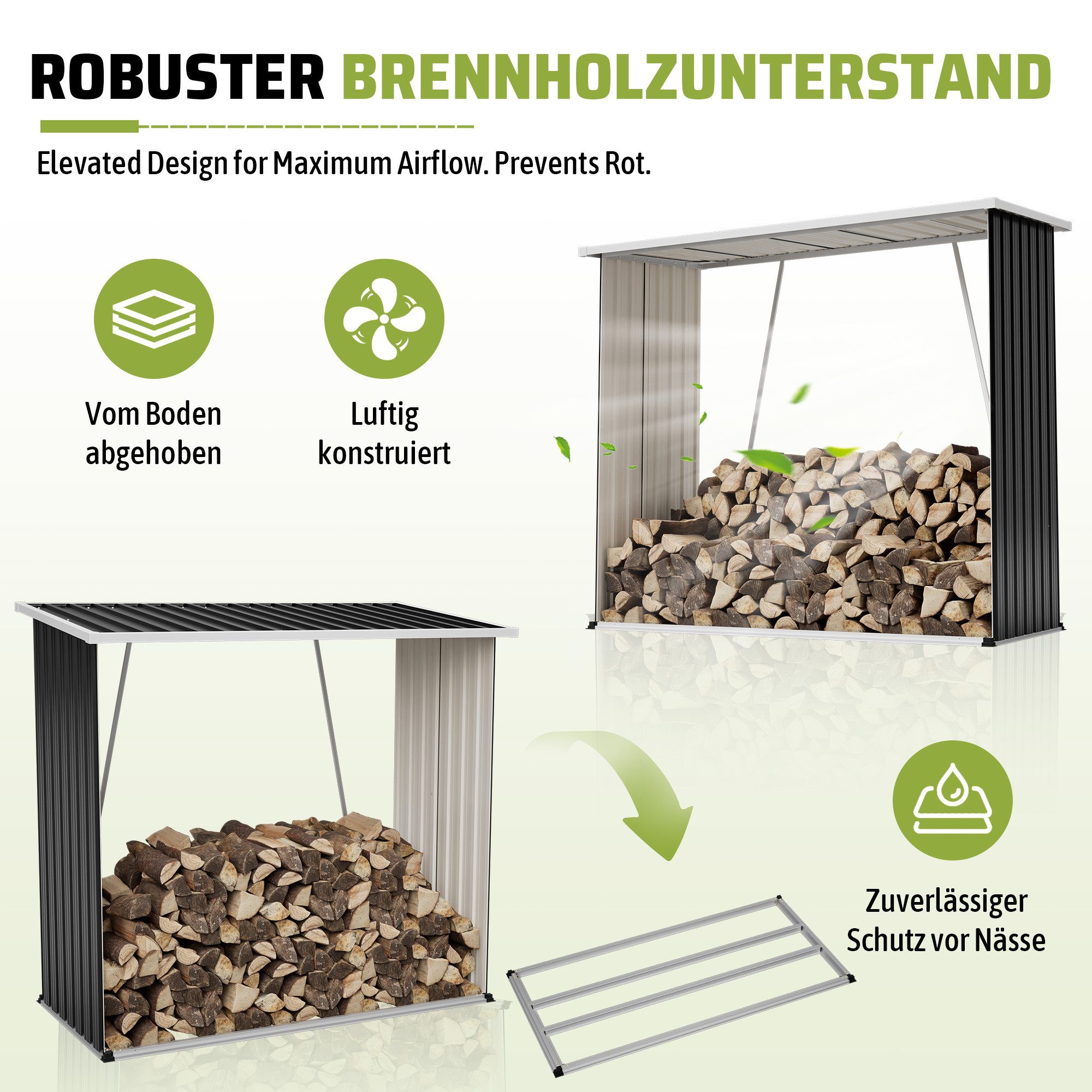 Blossom Kaminholzregal Brennholzunterstand aus verzinktem Stahl Wetterfestes Garten Holzregal, BxTxH:172.3x88x158.1 cm, wetterfest Gartenholzregal Regal mit Dach, 172 x 88 x 158 cm