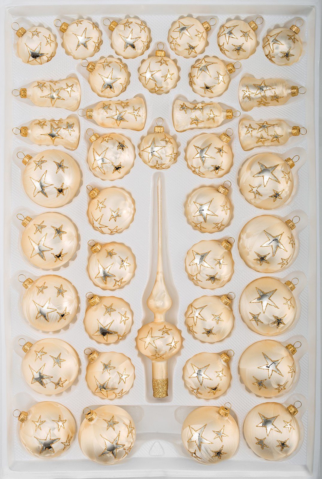 Weihnachtsbaumkugel 39tlg. Glas-Weihnachtskugeln Set "Ice Champanger Gold Goldener Stern"