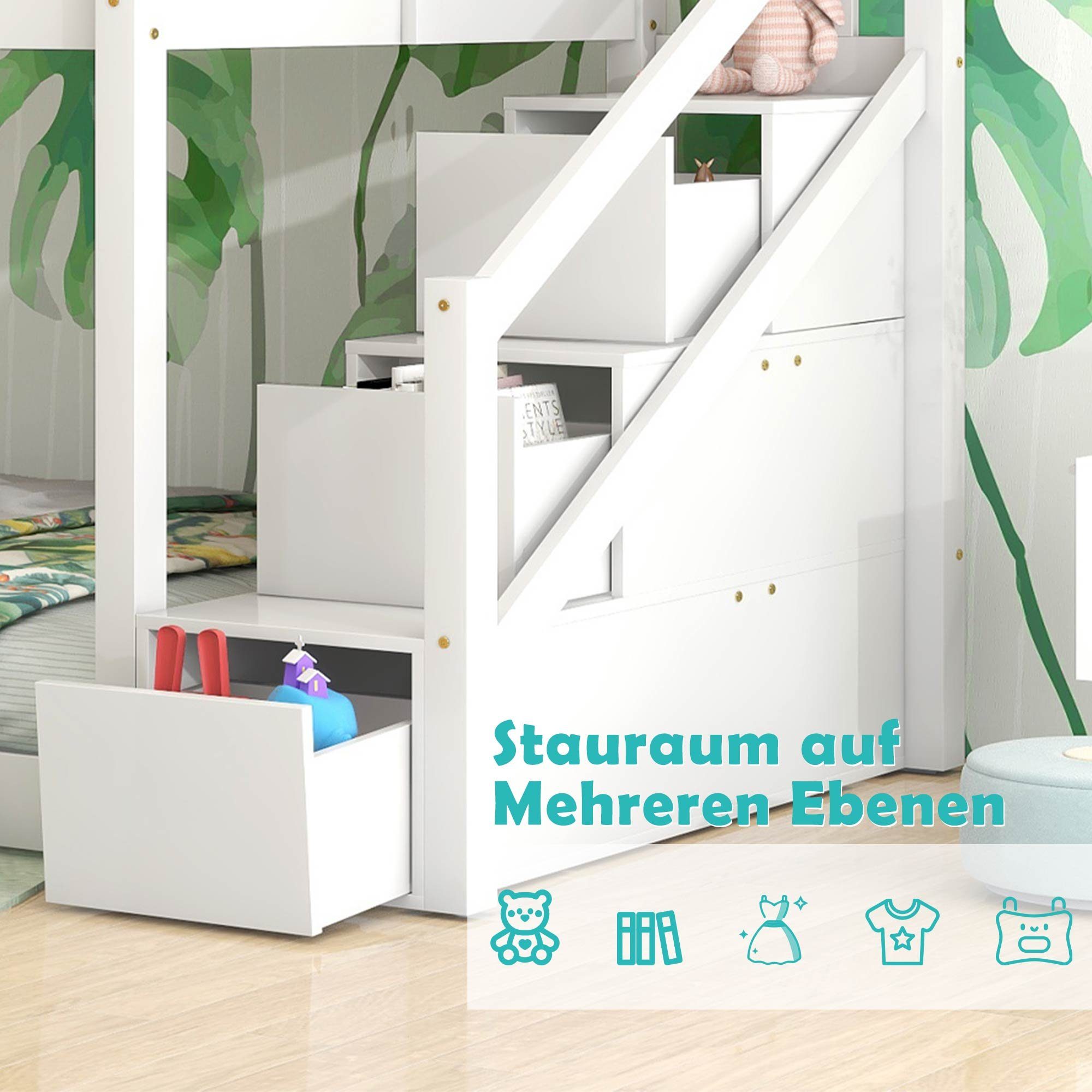 Etagenbett, mit Lattenrost und 3 Schubladen, Kiefernholz, 90x200 cm