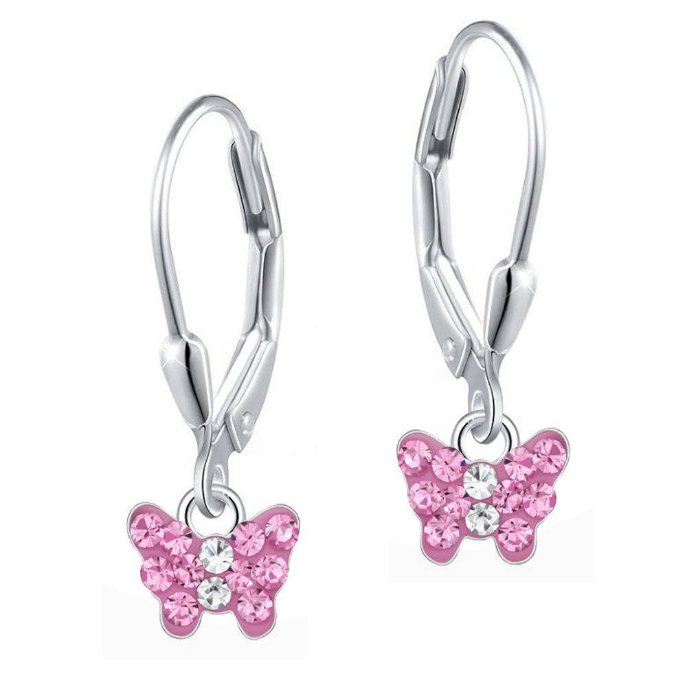 Limana Paar Ohrhänger Kinder Mädchen echt 925 Sterling Silber Ohrringe Schmetterlinge, Hängeohrringe, hängende Ohrringe rosa