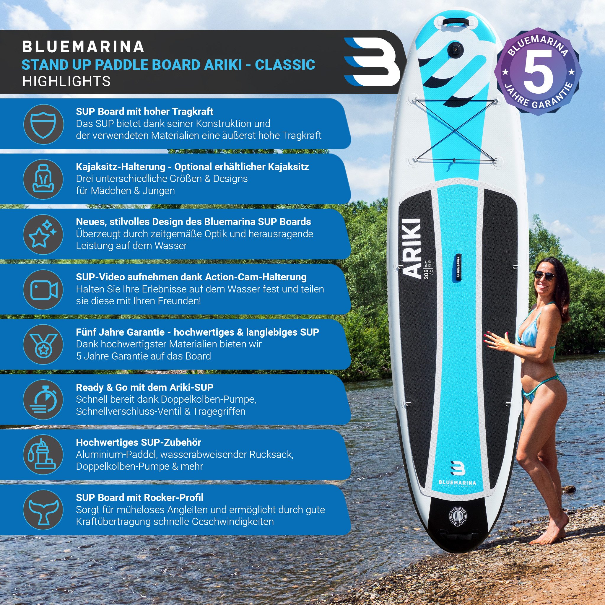 Bluemarina SUP-Board Ariki SUP Board Standuppaddle aufblasbar inkl. 5 J. Garantie, aufblasbar, (SUP aufblasbar, SUP Anfänger, Stand Up Paddel Board 200 kg, Stand Up Paddle, SUP Board, Stand Up Paddel Board), Surfbrett, Surfboard, Paddelboard, SUP
