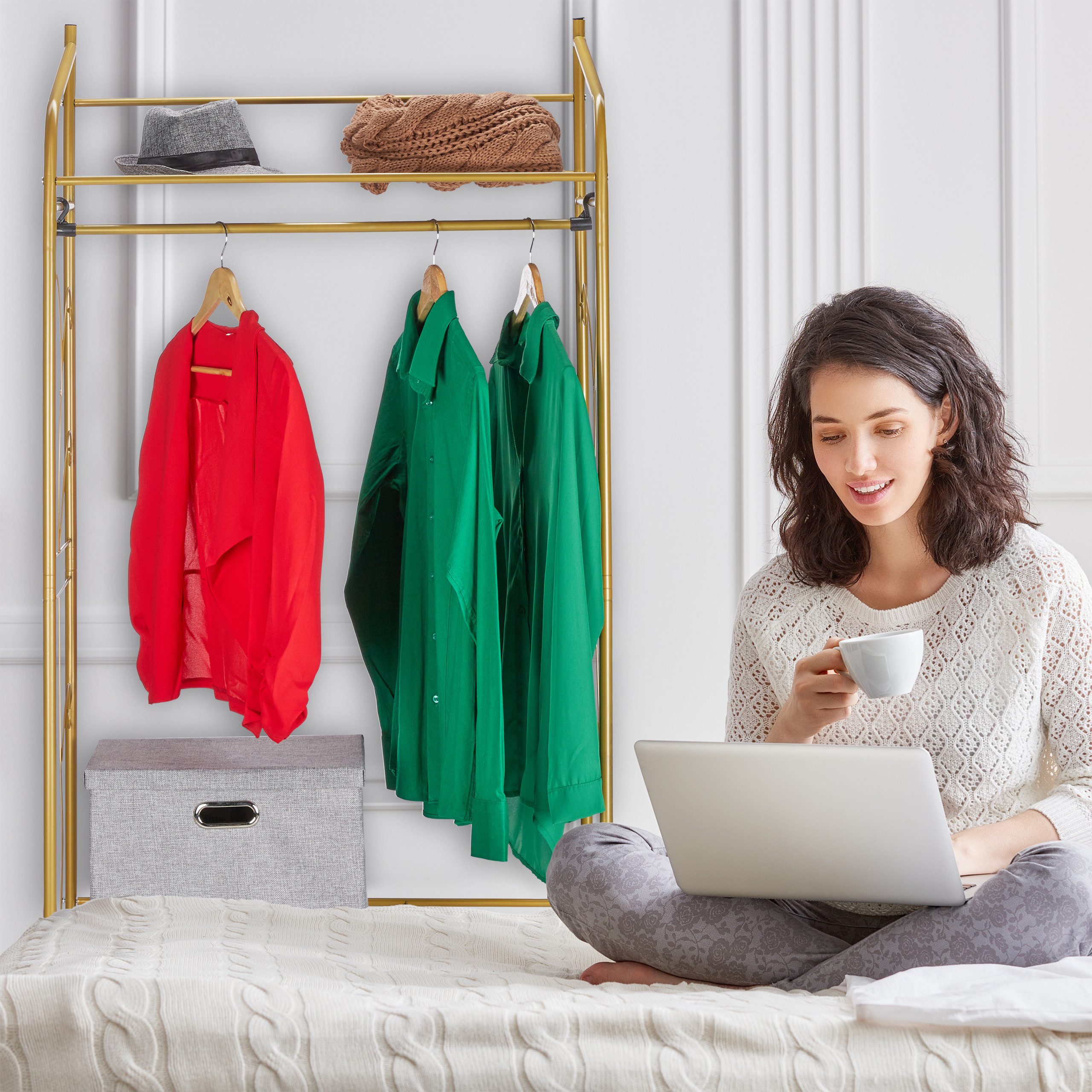 relaxdays Kleiderständer mit 3 Ablage, Gold günstig online kaufen