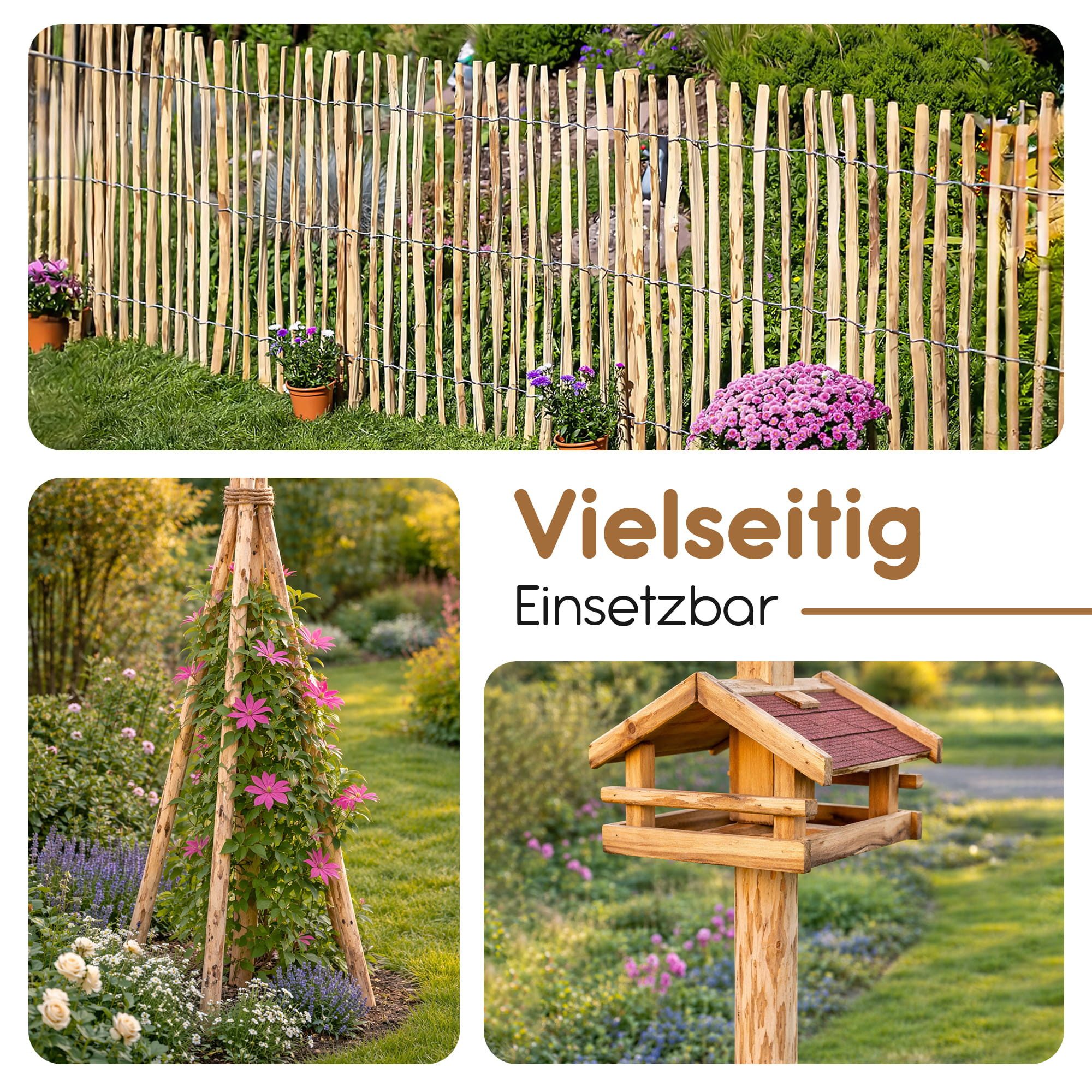 BooGardi Zaunpfosten Zaunpfähle · Holzpfosten für Staketenzaun · in 5 Größen, (1 Stück Holzpfahl rund · 90 cm lang), Pfosten · Holzpfähle für Holzzaun · Wildzaun · Holz · Haselnuss