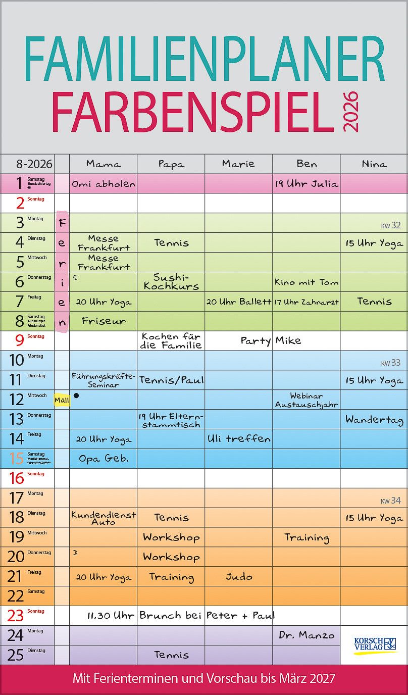 Korsch Verlag Familienkalender Korsch Kalender Familienplaner Farbenspiel 2026