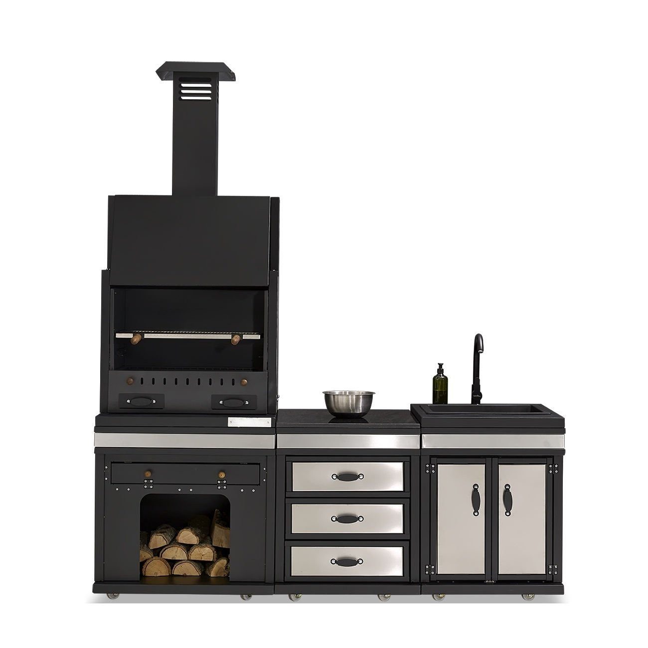 JVmoebel Outdoor-Küche Schwarze Edelstahl Außenküche mit Grill- und Kochmöglichkeiten, Made in Europe
