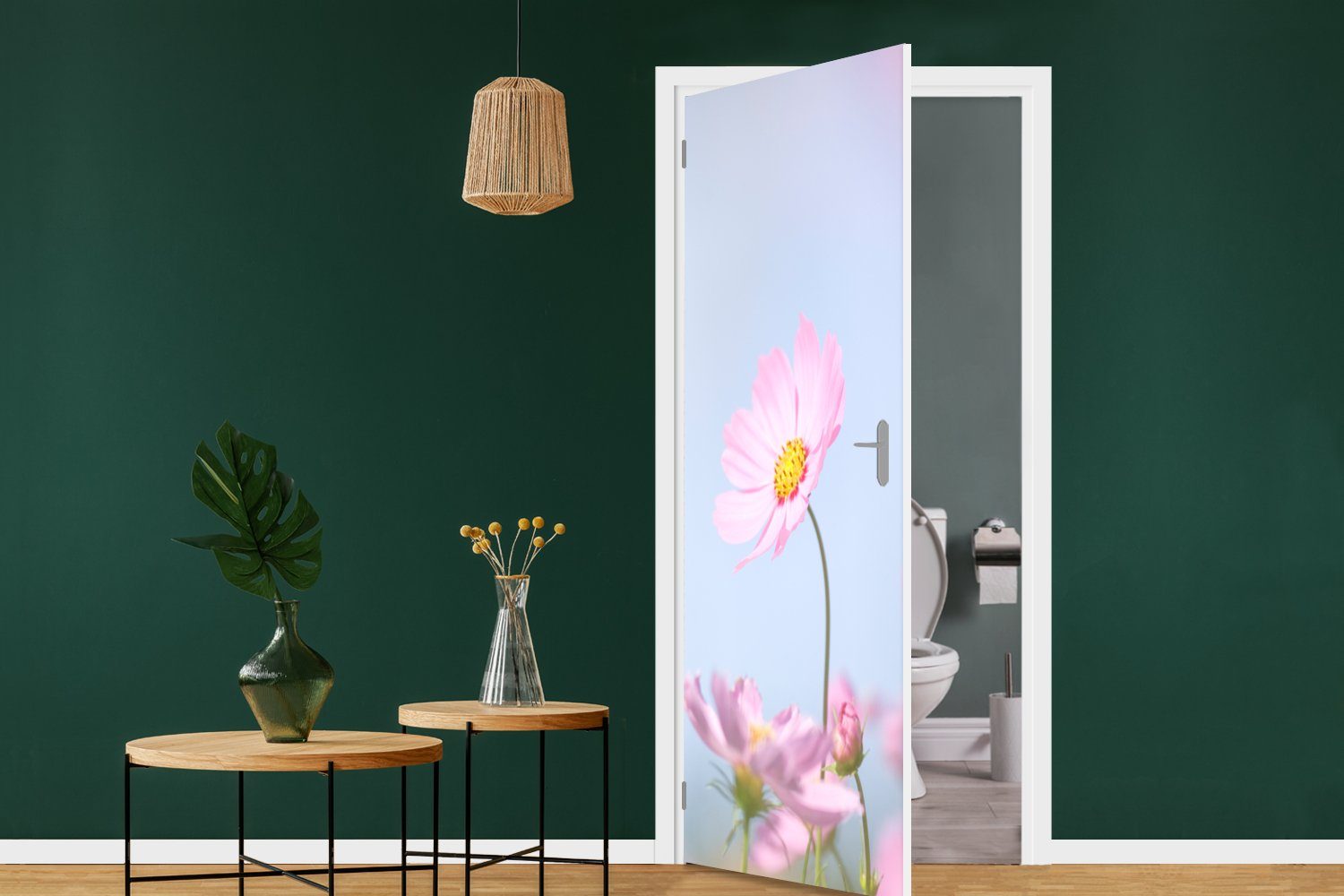 Tür, für MuchoWow Draußen bedruckt, Natur, Rosa - Türaufkleber, Matt, St), Blumen Türtapete Fototapete - cm (1 75x205 -