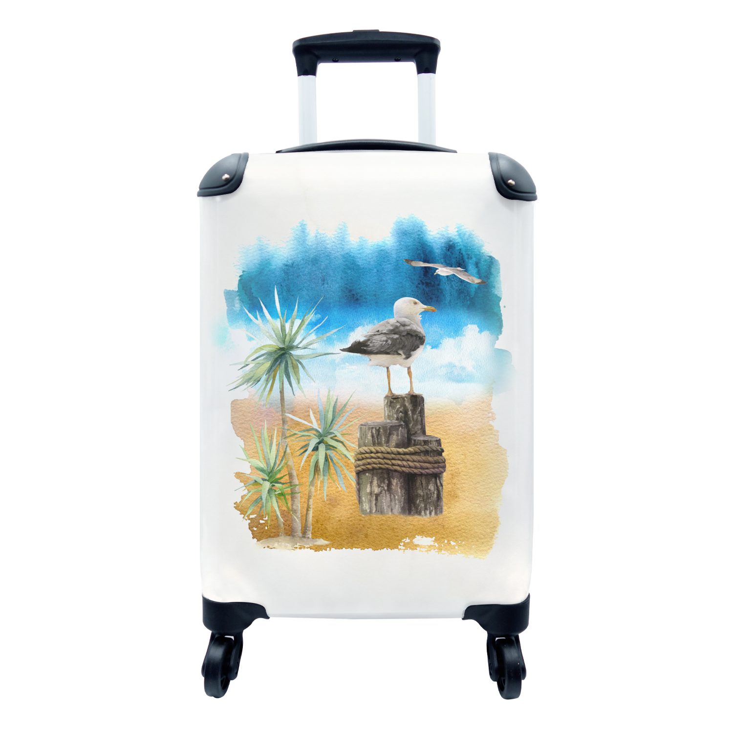 MuchoWow Handgepäckkoffer Vogel - Baum - Strand - Aquarell, 4 Rollen, Reisetasche mit rollen, Handgepäck für Ferien, Trolley, Reisekoffer