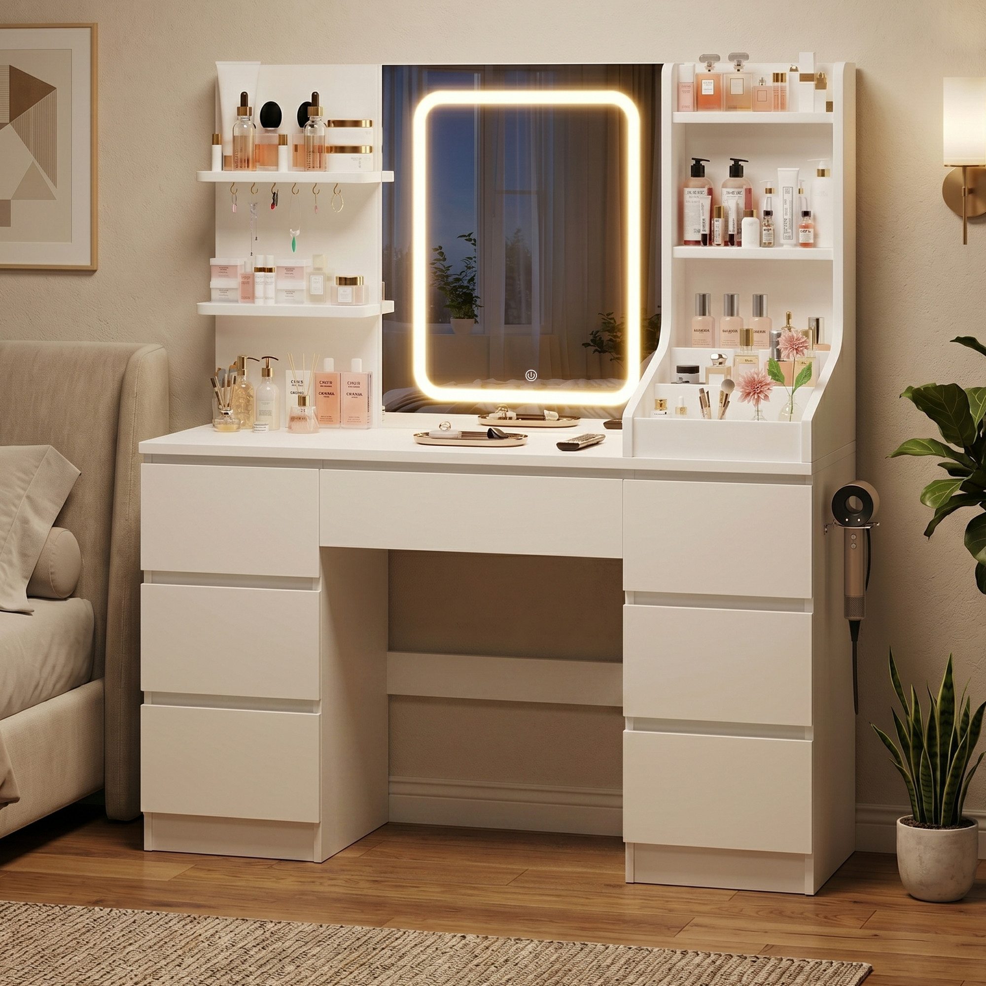 HOMALL Schminktisch Spiegel mit LED-Beleuchtung, 7 Schubladen (Maße: 110 × 40 × 139 cm, drei einstellbare Farbtemperaturen, mit 8 offenen Ablagefächern, 6 Schmuckhaken, 2 Steckdosen, 1 USB-Anschluss, 1 Typ-C-Anschluss und einer Haartrocknerhalterung)
