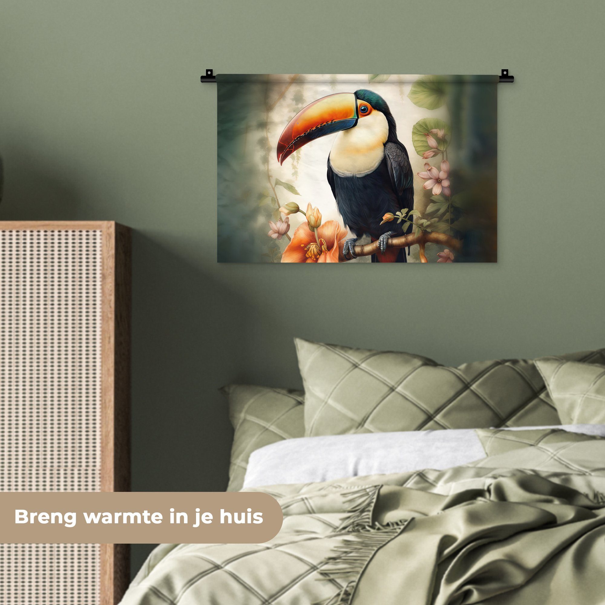 Wandbehang, - Vogel Pflanzen, Tukan für Wohnzimmer, - Schlafzimmer, MuchoWow Kleid, Kinderzimmer Blumen Wanddekoobjekt Wanddeko -