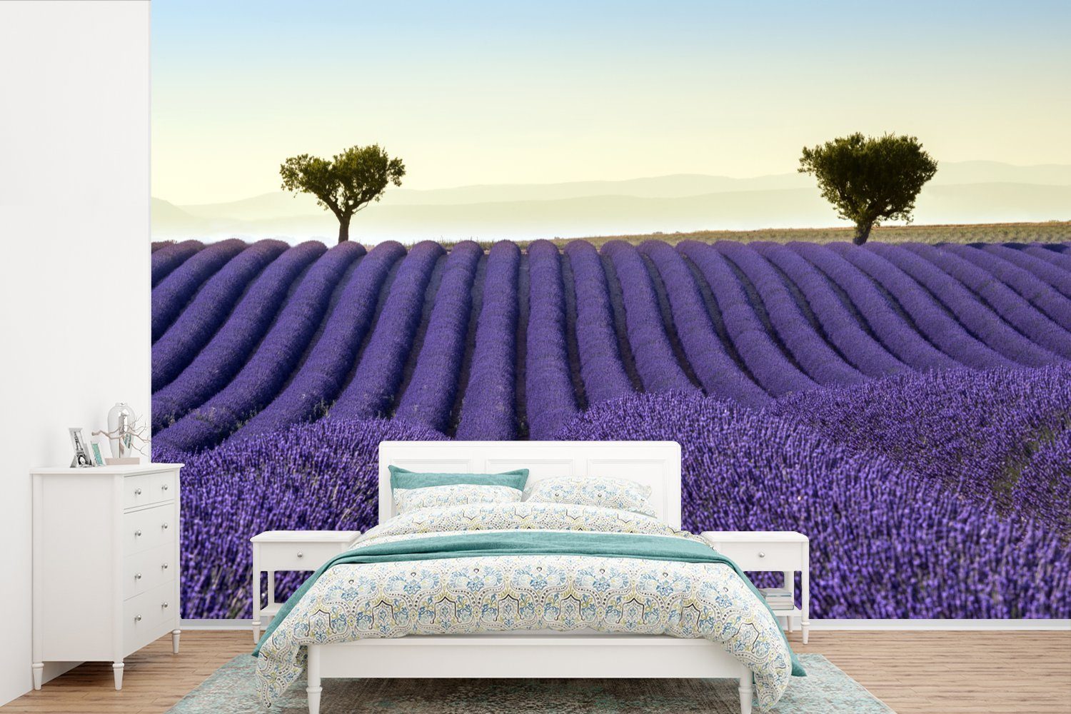 MuchoWow Fototapete Lavendel - Bäume - Blumen - Natur, Matt, bedruckt, (6 St), Wallpaper für Wohnzimmer, Schlafzimmer, Kinderzimmer, Vinyl Tapete