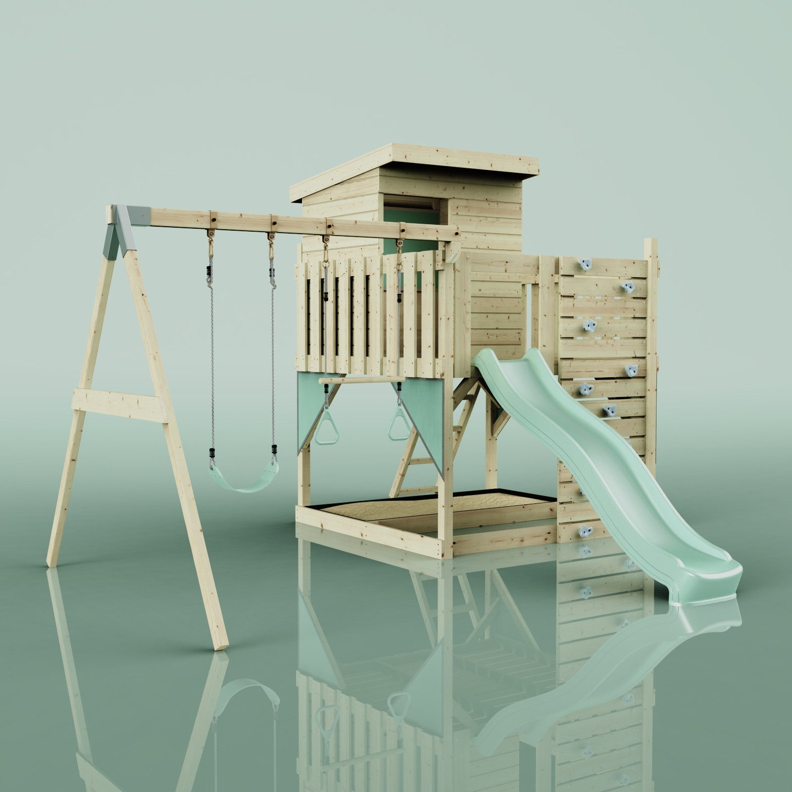 OutdoorToys Spielturm Björn, aus Holz in Mintgrün mit Trapezstange & Rutsche, Kletterwand
