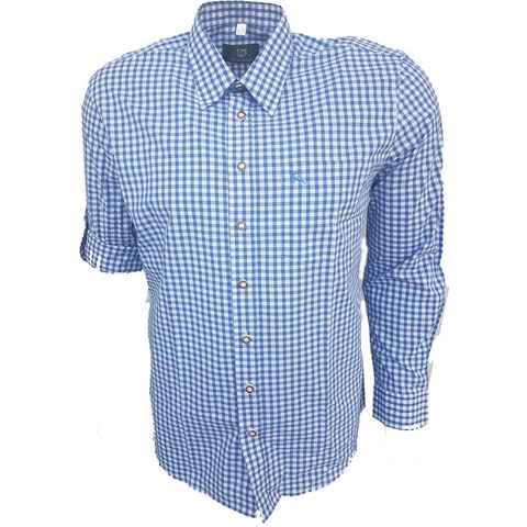 OS-Trachten Trachtenhemd Trachtenhemd blau kariert, aus reiner Baumwolle, Ärmel zum krempeln