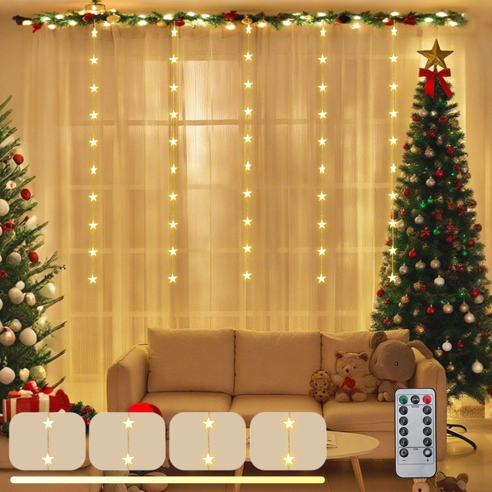 Salcar LED-Lichterkette LED Sternen Lichterkette Weihnachts LED Lichterkette Vorhang USB, 50 Warmweiße LED Sternen