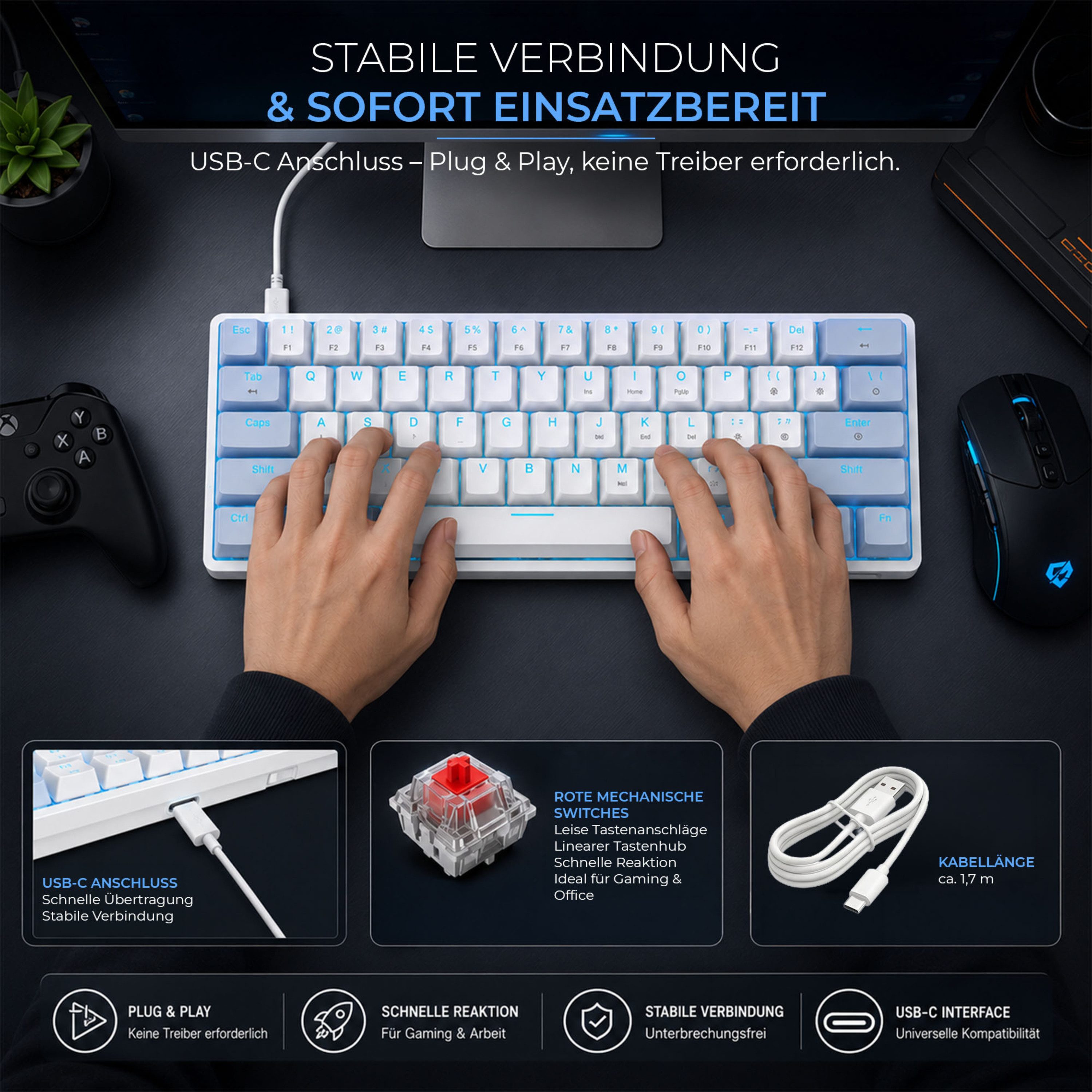 RUHE Mechanische Gaming Tastatur 60% kabelgebunden QWERTY Red Switches Gaming-Tastatur (Kurz 61 Tasten leise [ENG Layout] Plug & Play für PC PS4 Xbox Weiß)