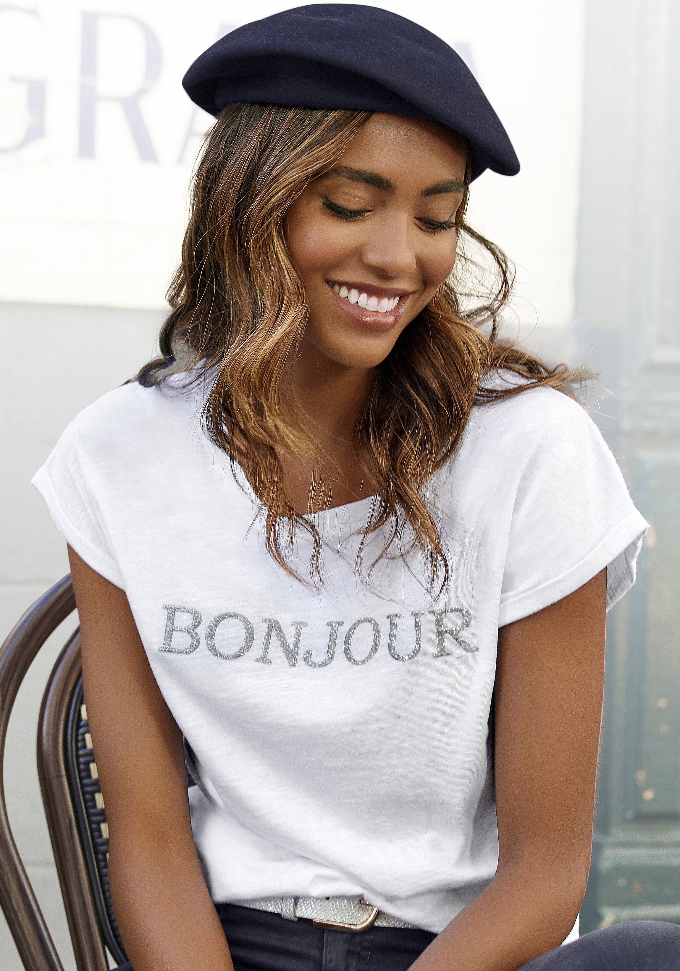 Vivance T-Shirt mit modischem Frontdruck "Bonjour" weiß