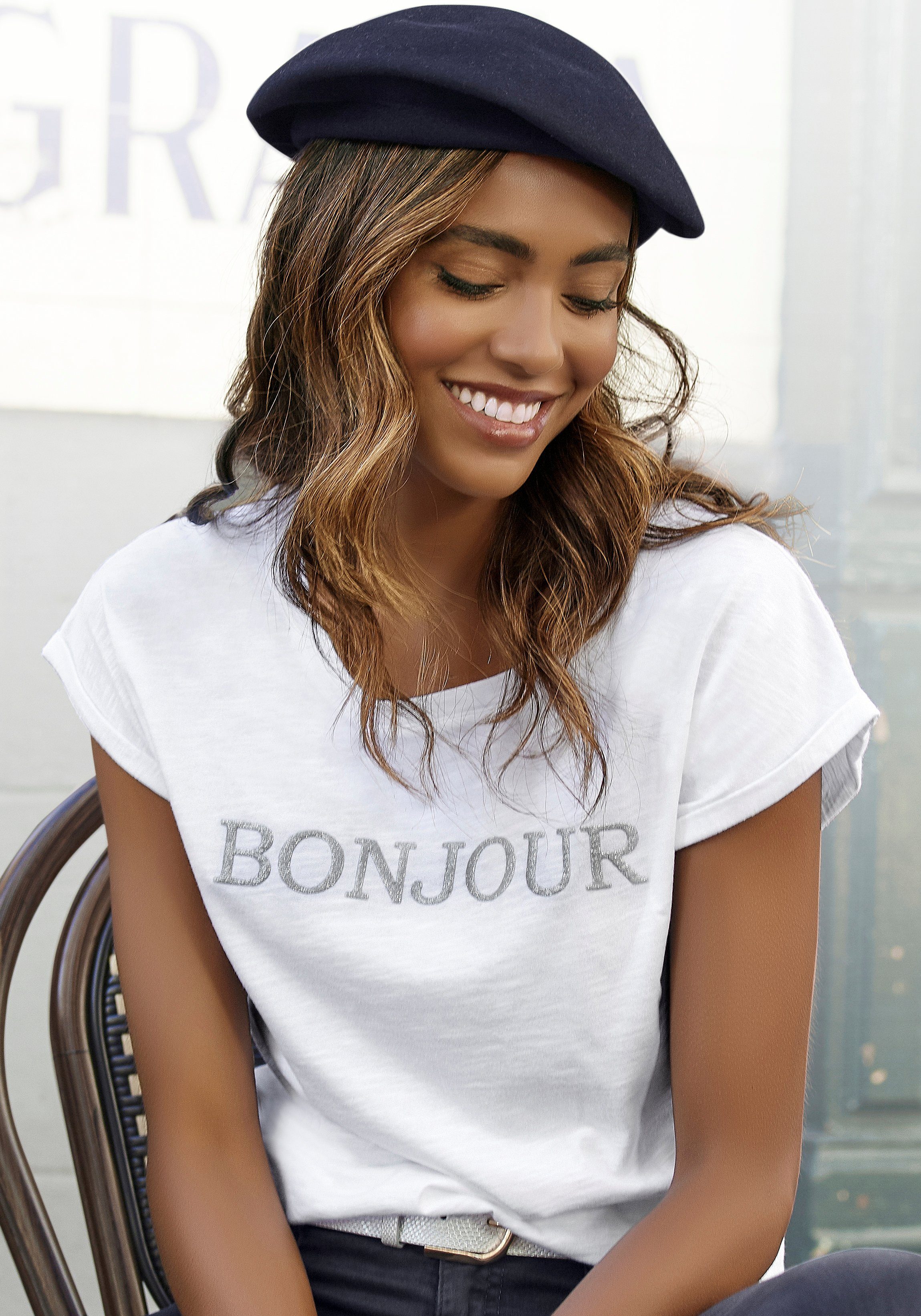 Vivance T-Shirt modischem Frontdruck weiß "Bonjour" mit