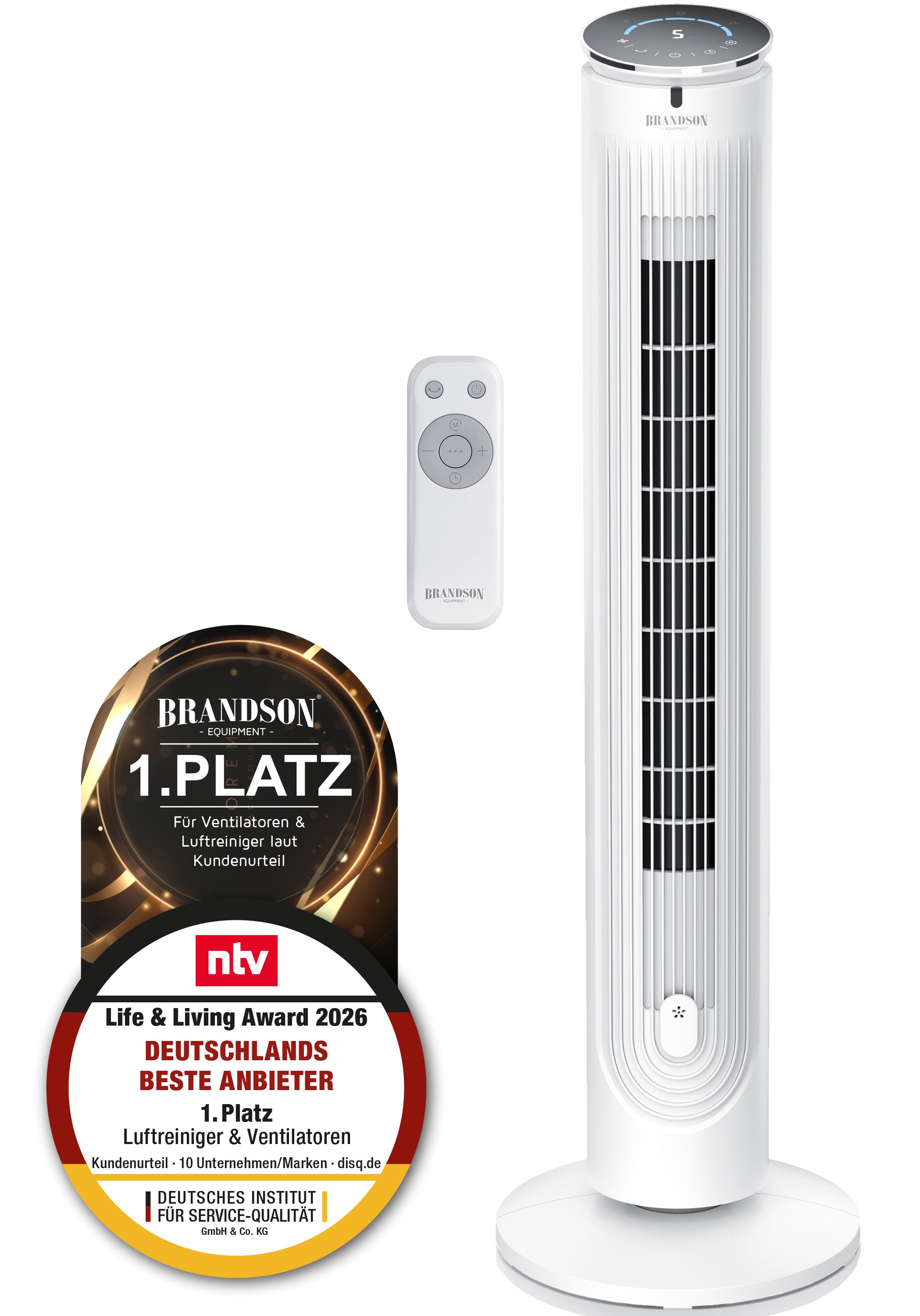 Brandson Turmventilator mit Fernbedienung, NTV Sieger 2026, Oszillation, Timer, 40 Watt, dank Aromafach als Diffusor verwendbar, leise, 3 Modi, Standventilator