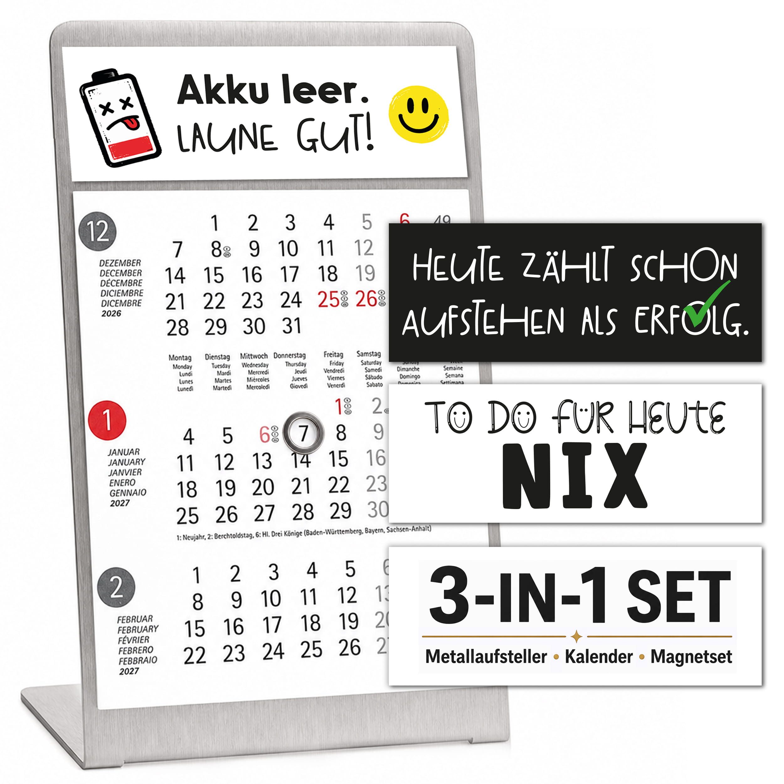 TOBJA Tischkalender Tischkalender 2027 Set + Deko-Magnete Metallaufsteller (Dots), Aufsteller + Kalender, 3 Deko-Magnete, Datumsschieber, mehrsprachig