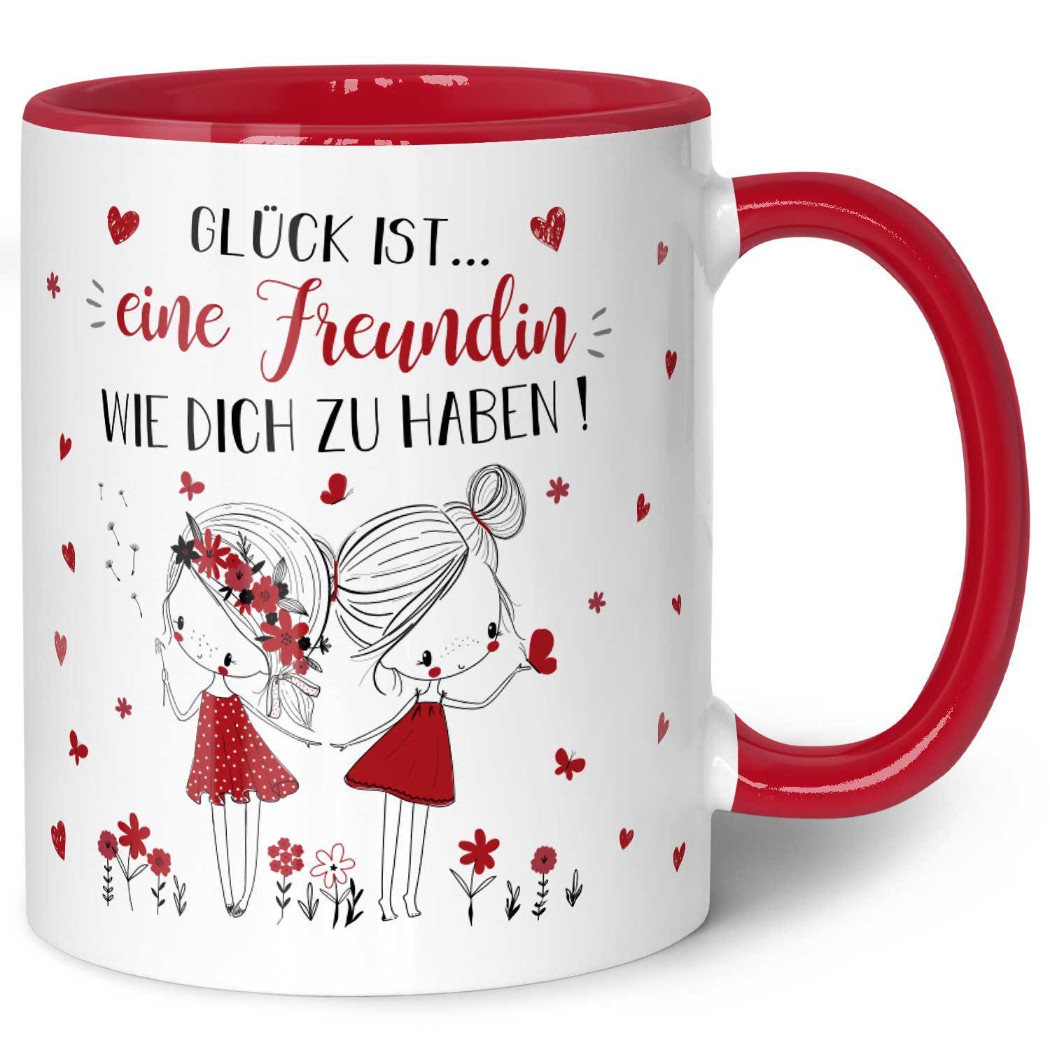 GRAVURZEILE Tasse mit Spruch Glück ist eine Freundin, - Persönliches Geschenk für Freundinnen - Rot