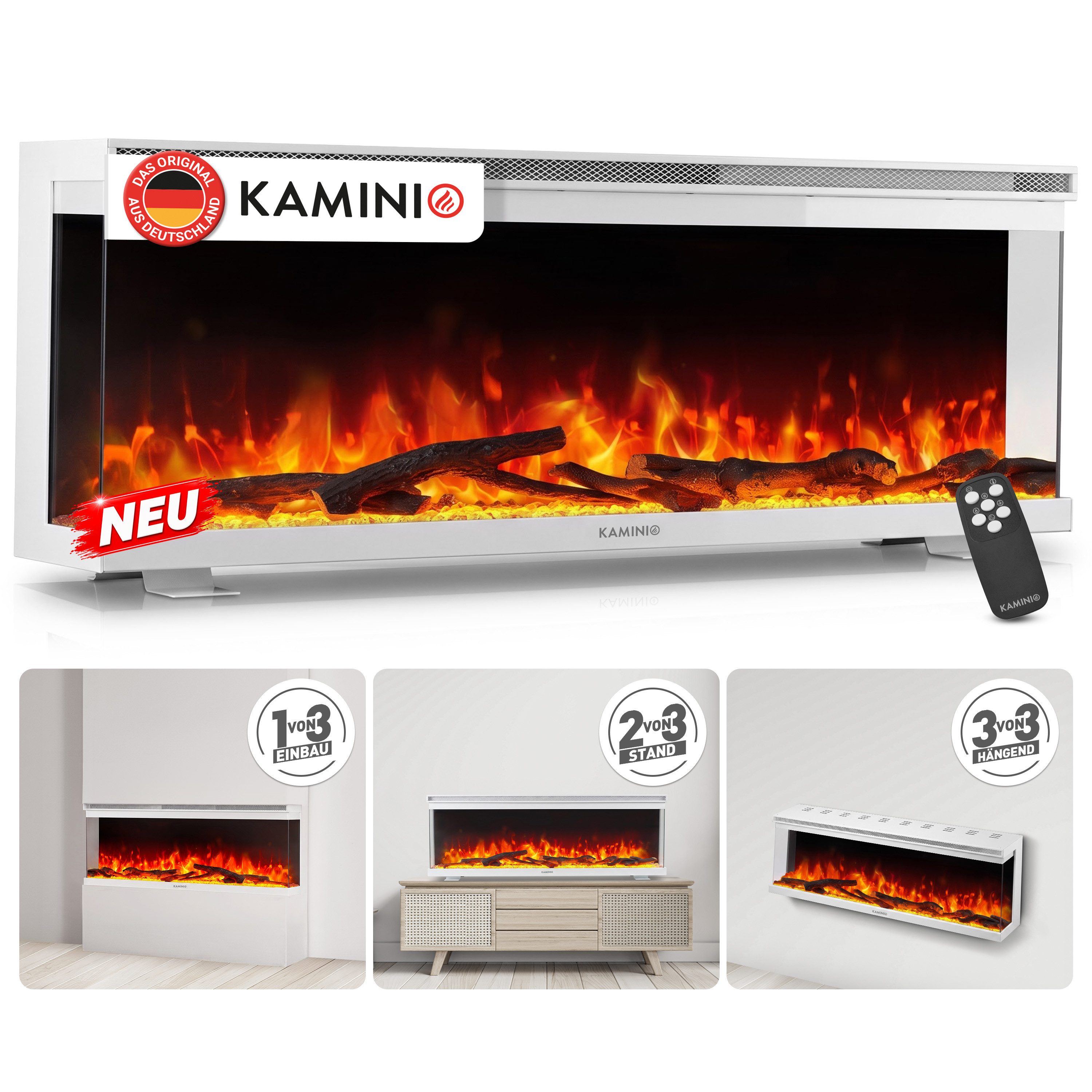 KAMINIO Elektrokamin LEA, 3in1 Kamin: Elektrischer Stand-, Wand- und Einbaukamin, Panoramaview