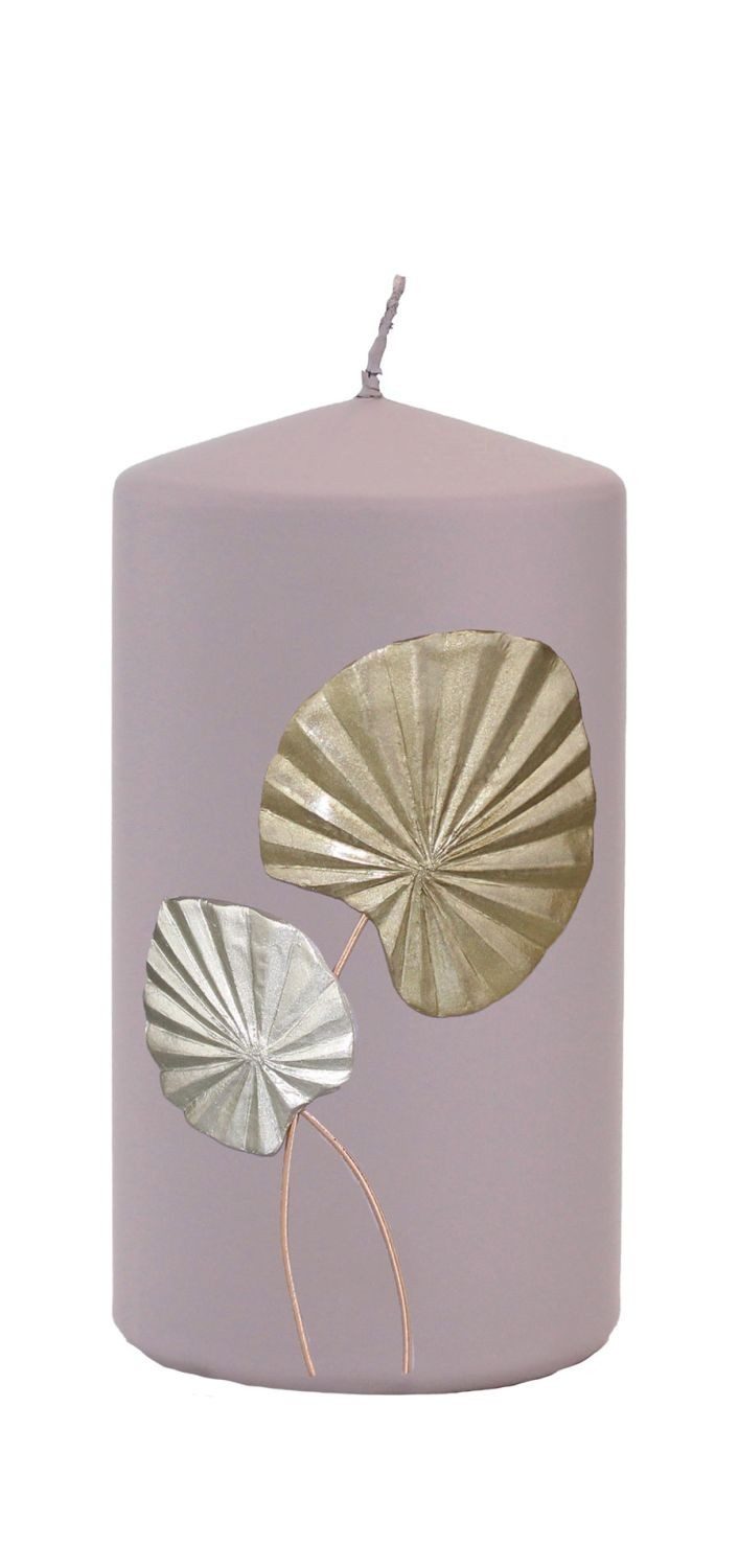 INNA-Glas Stumpenkerze LLUVIA mit Palmwedel Motiv, mauve, 13cm, Ø7cm, 52h