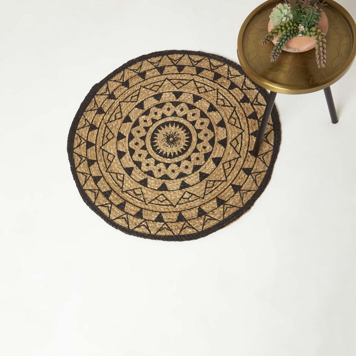 Homescapes Teppich Runder Teppich Mandala 90 cm – Jute-Teppich geflochten, schwarz-natur, Höhe: 20 mm