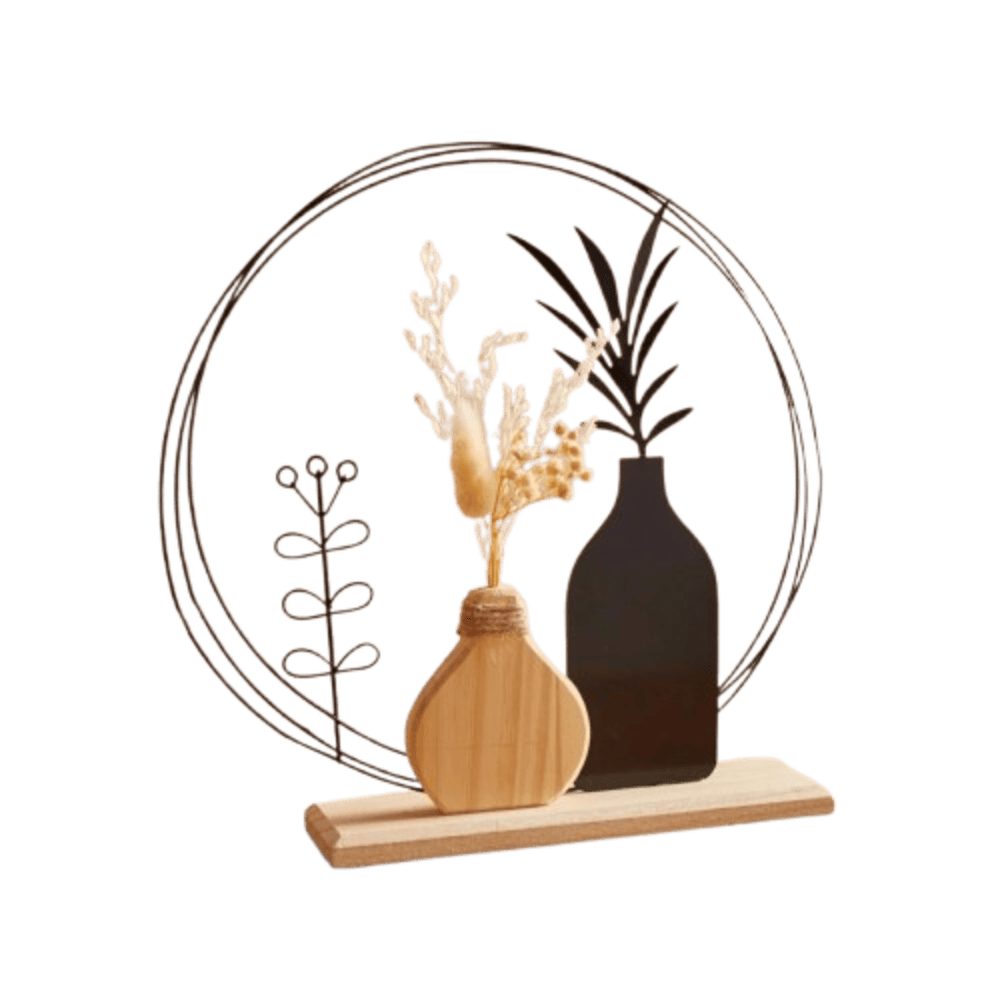 Home-trends24.de Dekofigur Ring Vase Vasen Kunstpflanze Metall Holz Deko schwarz Ø 26 cm