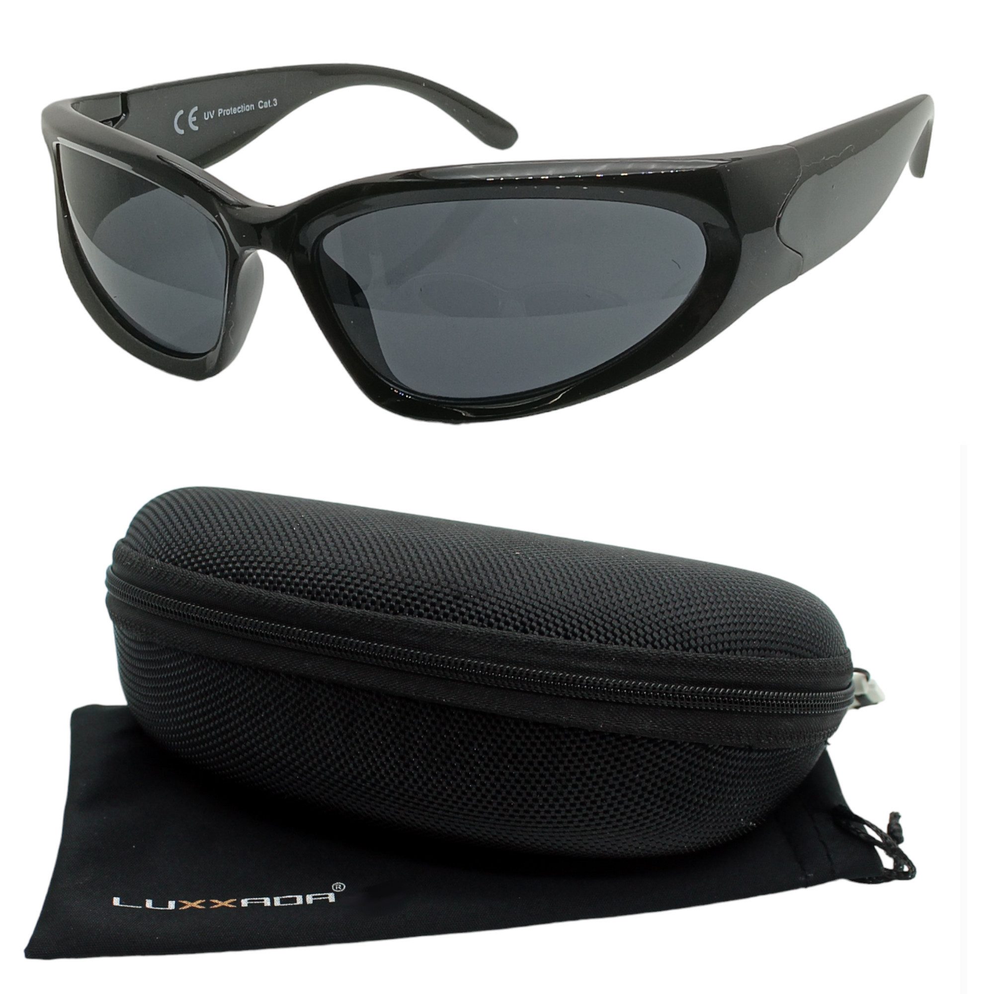 LUXXADA Sonnenbrille Damen Herren Sportbrille schnelle Brille Schwarz mit Outdoor Hardcase Ovale Gläser Schwarz Getönt