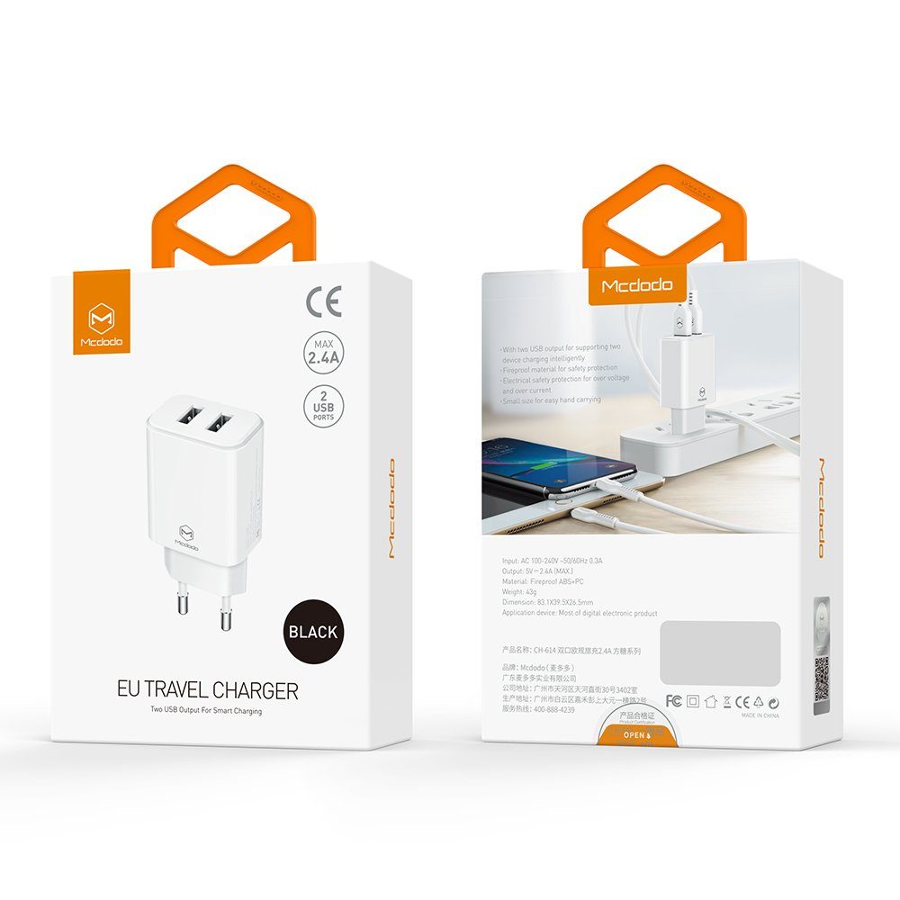 mcdodo 2xUSB Wandladegerät 2.4A Fast Charging Netzteil für Handys schwarz Schnelllade-Gerät
